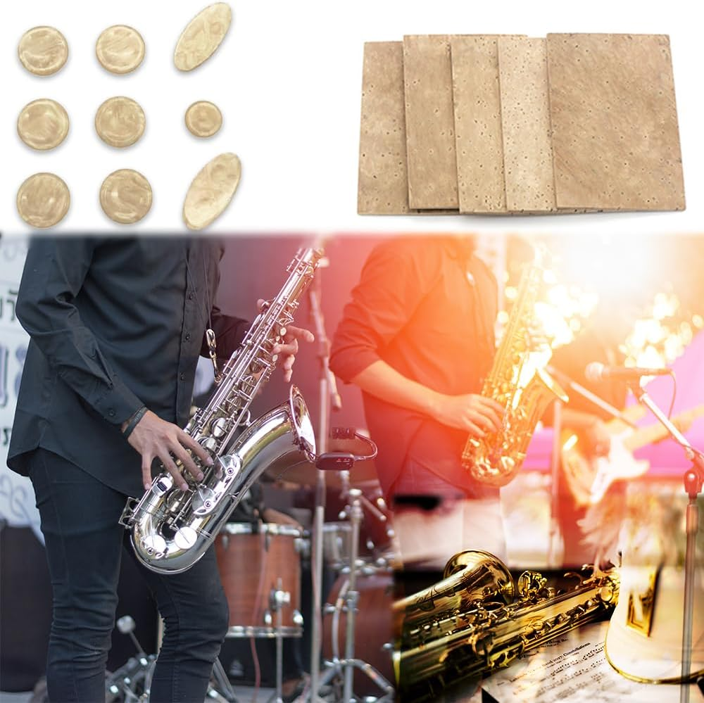 Neck Cork and Key Buttons Replacement Kit for Alto Saxophone. 9Pcs Saxophone Key Buttons Snap-Fastener Mica Sheets and 5Pcs Universal Saxophone Neck Cork Stoppers of Cork For image number 1