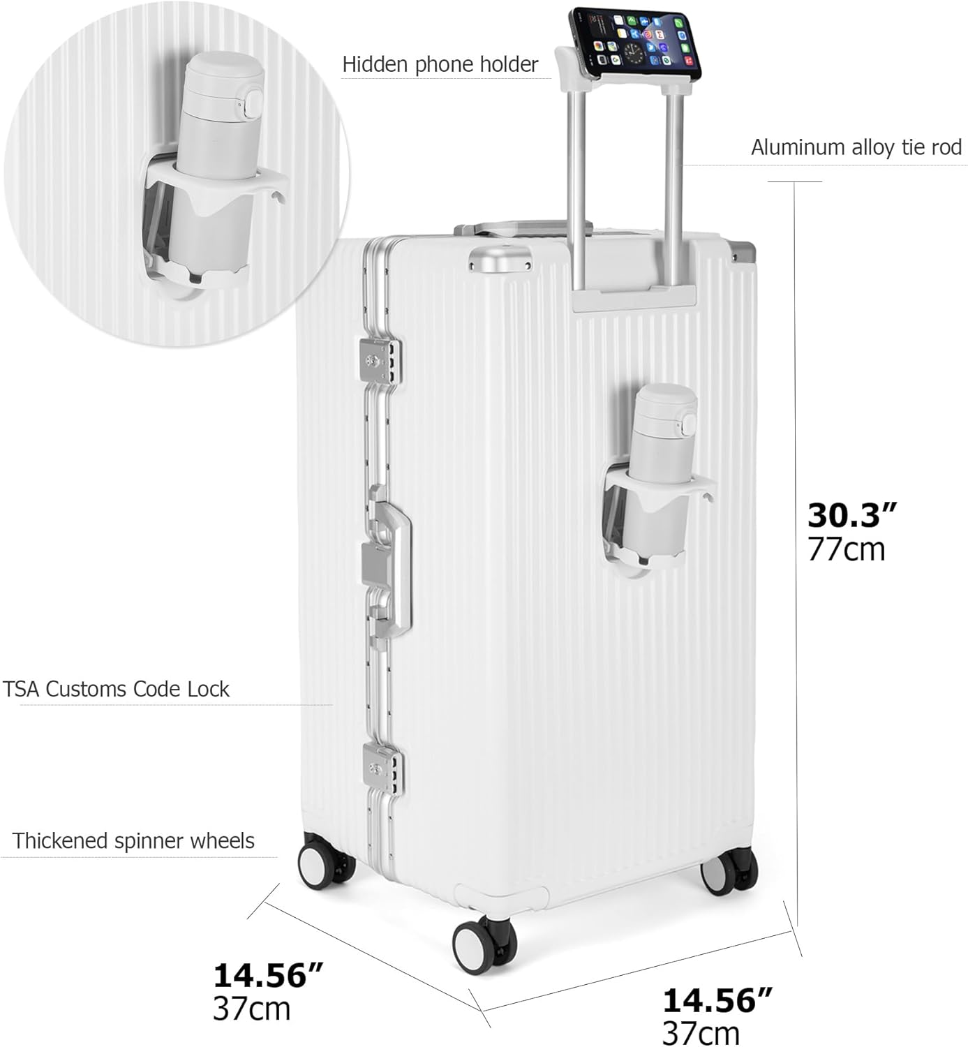 Feilario Aluminum Frame Hardside Spinner Wheels Luggage, Zipperless Checked Super Large Captain Suitcase with Cup Holder/Phone Holder, A-White, 30In, DF-1931