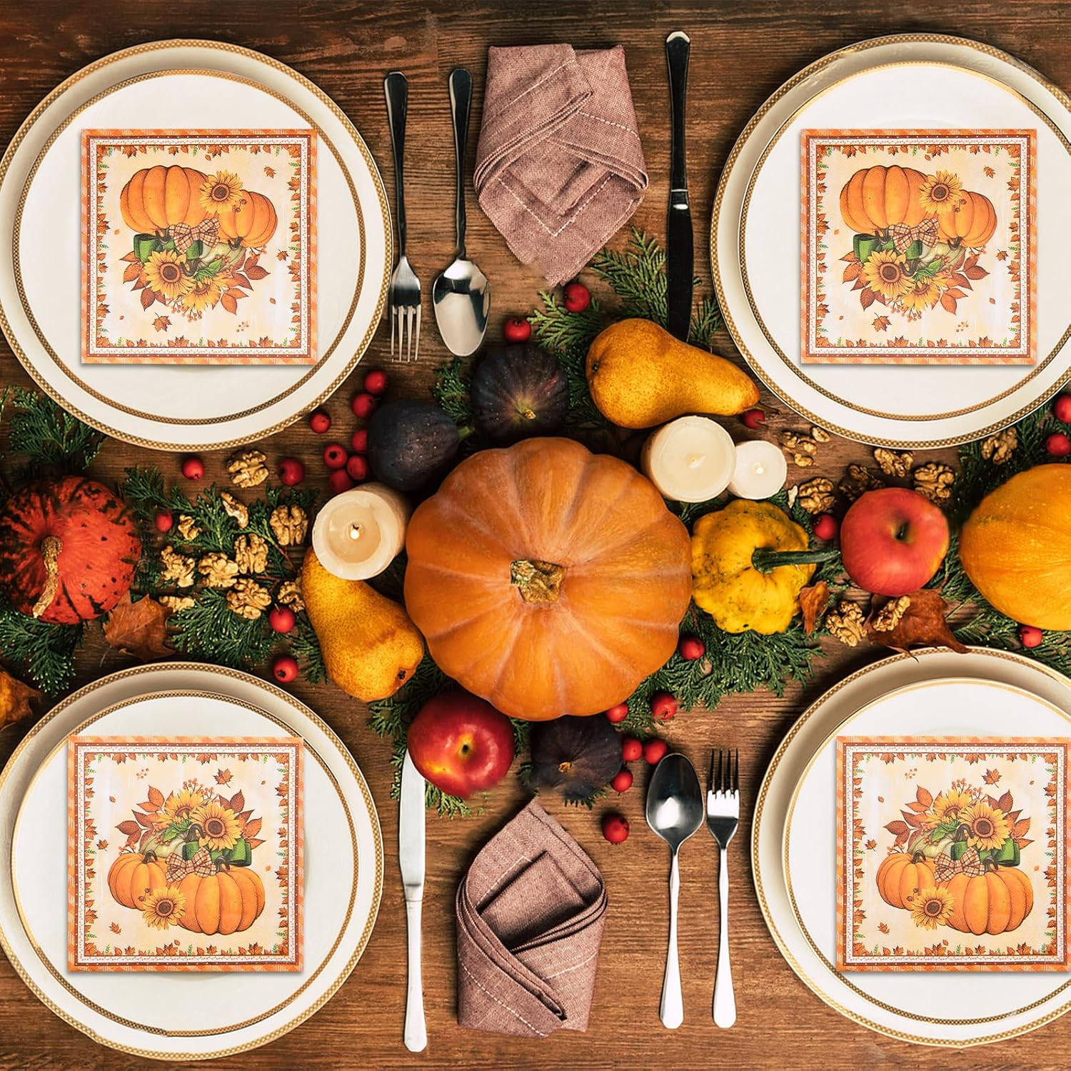 50 Count Thanksgiving Napkins &ndash; Fall Pumpkin and Sunflower Disposable Paper Napkins for Harvest Table Decor, Autumn Dinner Parties, and Seasonal Entertaining image number 1