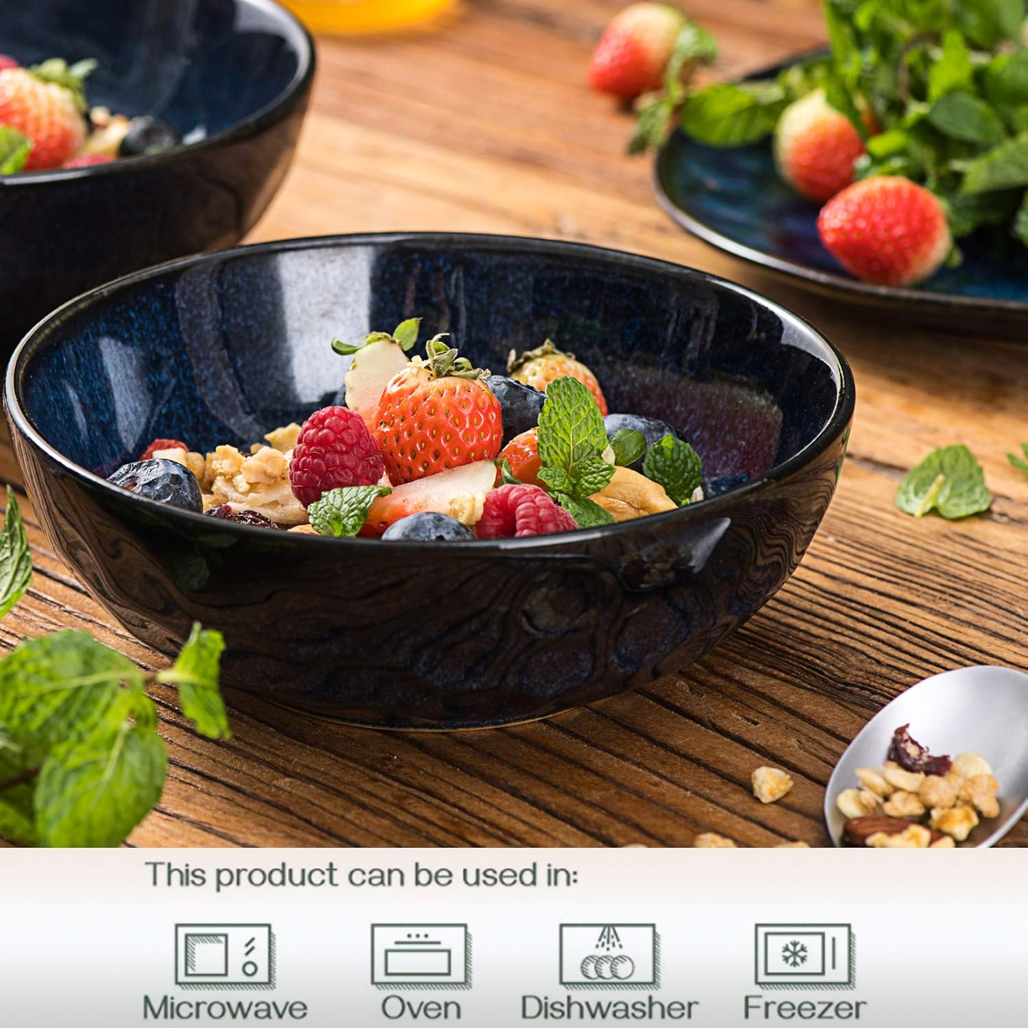 Vicrays Ceramic Salad Bowls Set for Kitchen, Serving - 32 Ounce Soup Bowls, Pasta Bowls, Chip Resistant, Dishwasher Microwave Safe, Large, Fluted, Stoneware, Set of 6 (Blue)