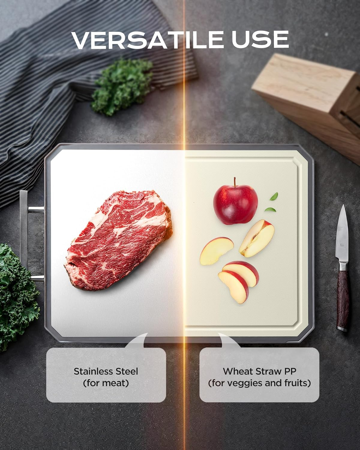 SNOWCLAD Stainless Steel/Wheat Straw Pp Large Cutting Board, 13"L X 10"W, Brown and Silver, Double Sided, Juice Groove, Non-Slip Handle, Dishwasher Safe, Non-Toxic, for Meat, Veggies, Fruits image number 2