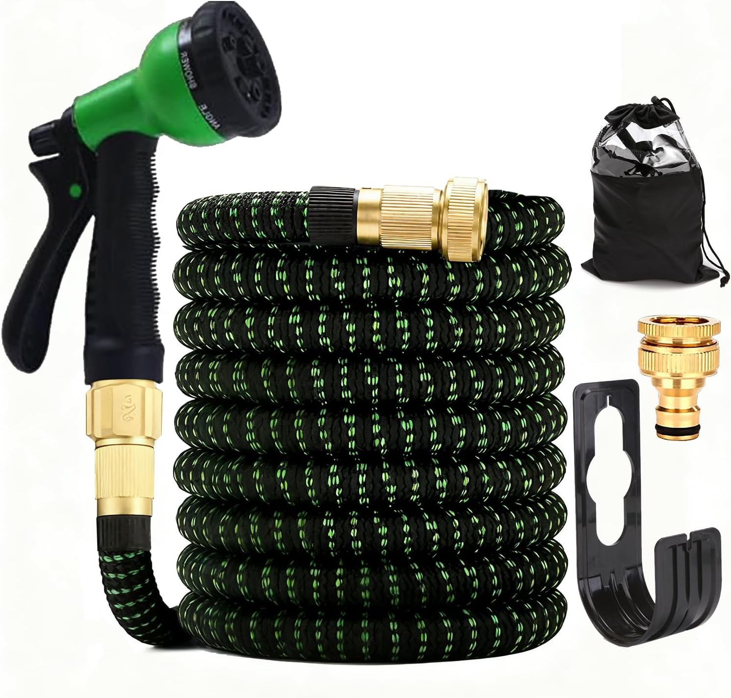 50Ft Garden Hose 15M Water Hose, with 8 Function Spray Nozzle, 1/2 Inch & 3/4 Inch Convertible Connectors, 15M Stretch Garden Hose Ideal for Car Wash & Garden