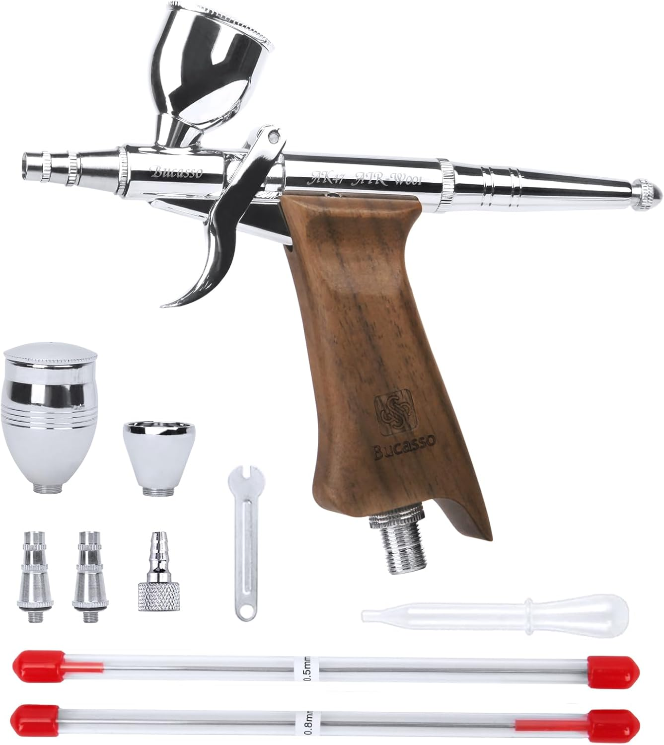 Bucasso Airbrush Guns for Painting, Double Action Trigger Airbrush Kit with 0.3Mm/0.5Mm/0.8Mm Needles/Nozzle Sets, Replaceable Fluid Cup, Airbrush Spray Set for Painting Nails Cake Tattoo (W002-W)