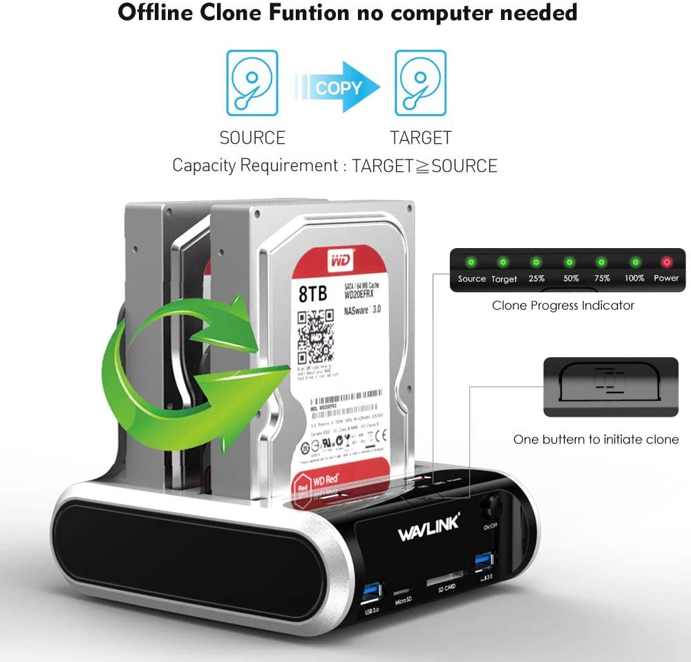 WAVLINK 8-In-1 USB 3.0 to SATA I/II/III Dual Bay External Hard Drive Docking Station for 2.5"/3.5" HDD/SSD Support Offline Clone/Uasp, with USB 3.0 Ports, Charger Port and TF & SD Card-(2X10Tb) image number 5