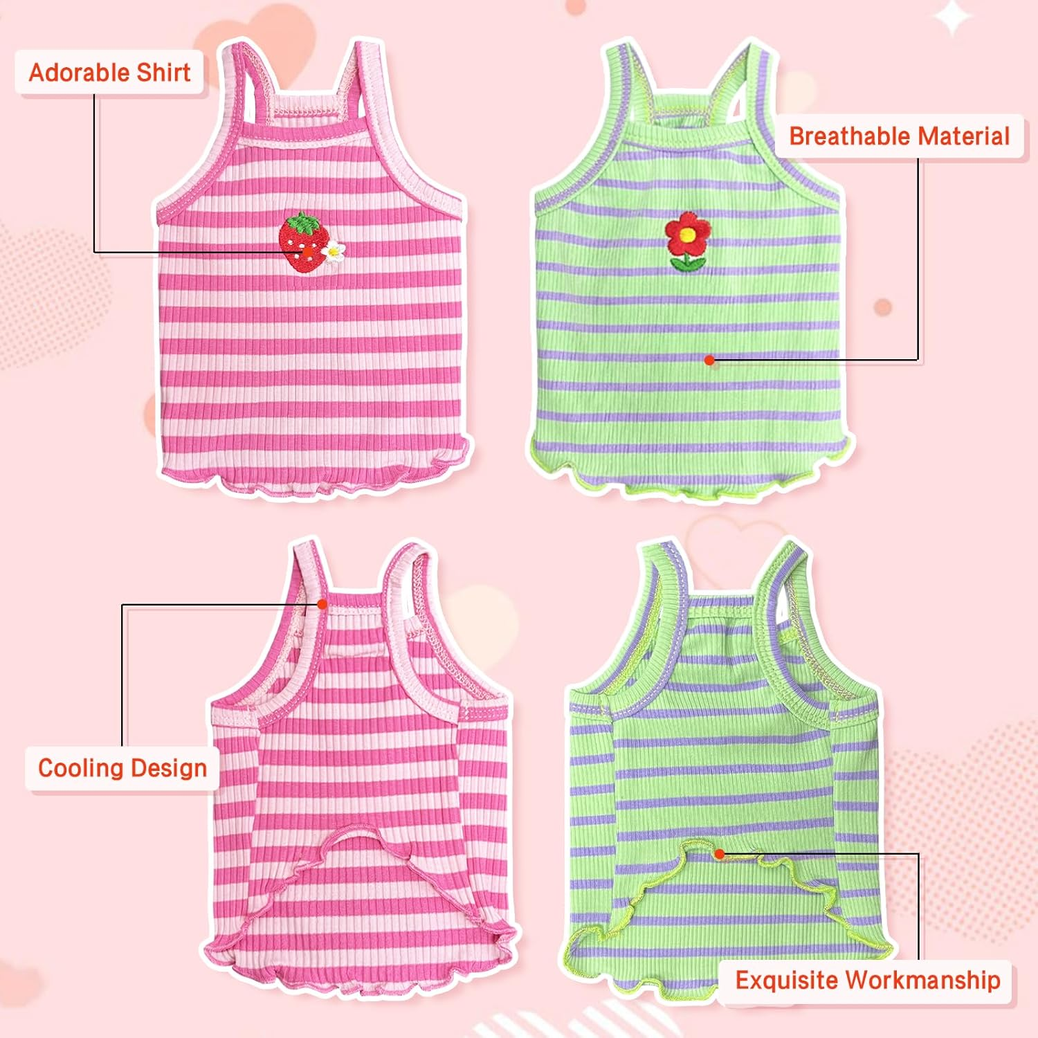 Yaopelky 2 Pieces Small Medium Dogs Summer Clothes Dog Striped Shirt Cute Flower Strawberry Embroidery Vest Pet Outfit for Chihuahua Yorkie Teddy (Pink-Green, S) image number 3
