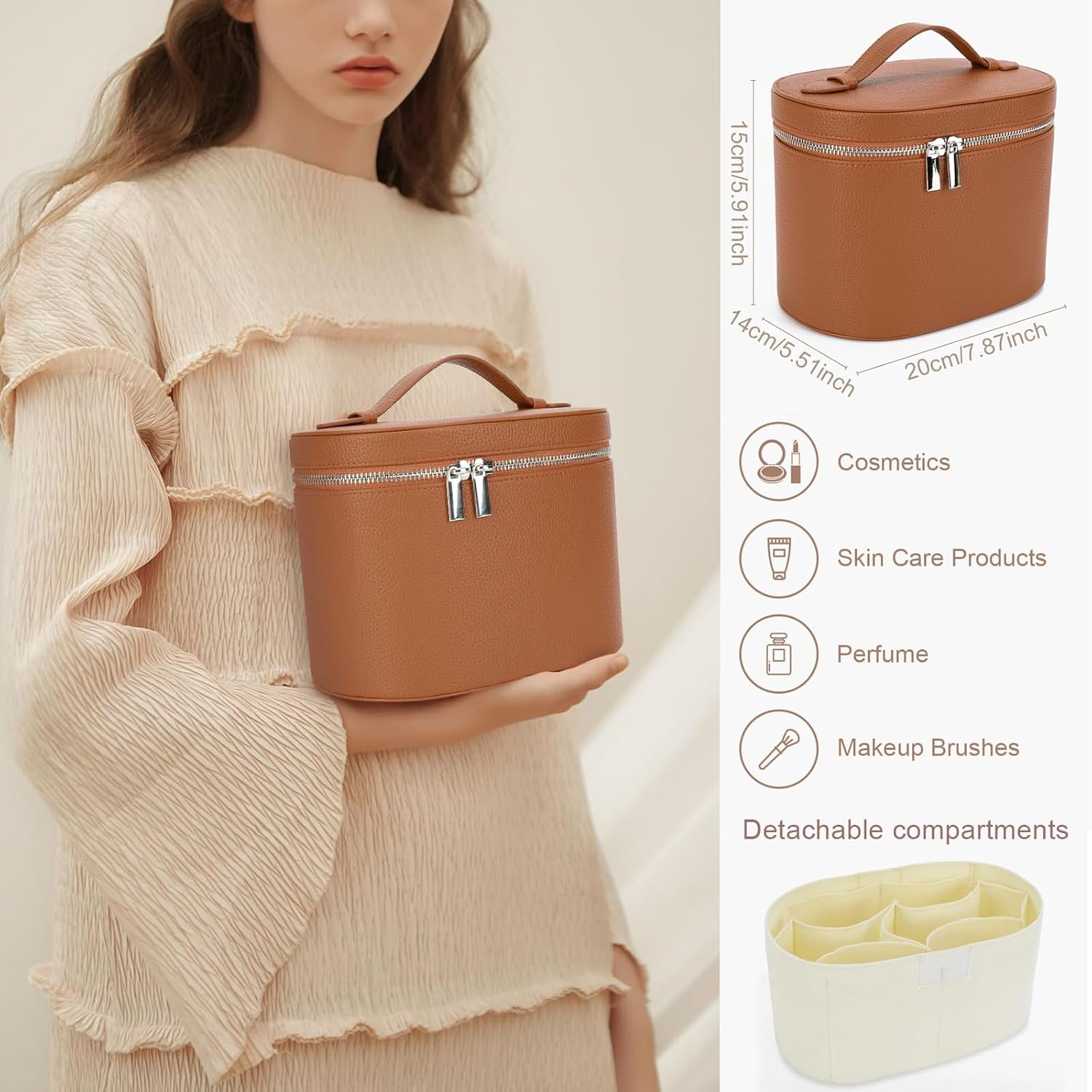 IEMIEBOAMGNOY Leather Make up Bags with Compartments, Brown Travel Cosmetic Bags for Women, Parallel Makeup Travel Bags Organizer Equipped with a Detachable Divider, Brown, Leather Make up Bags image number 6