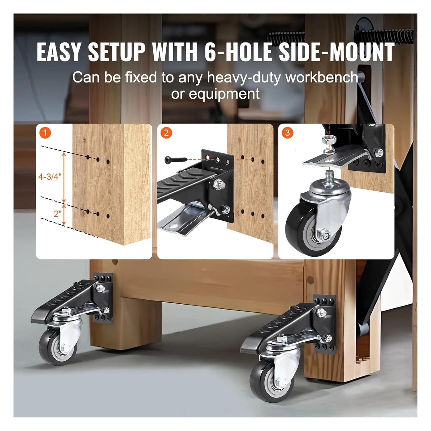 SIMTWO 4 Pack Workbench Caster Kit, Retractable Caster Heavy Duty 660Lbs, Adjustable Workbench Castor Wheels for Workbenches, Tables, Cabinets, 360&deg; Rotation image number 2