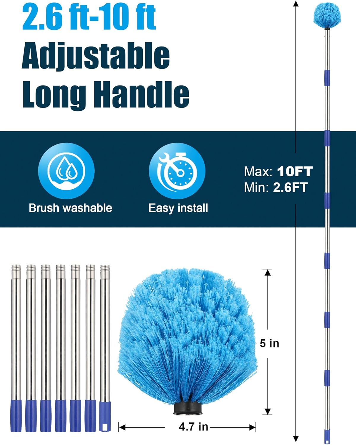 Cobweb Duster with Extension Pole, 10 Ft Spider Web Brush for Outdoor House Cleaning, Cob Web Remover for High Ceilings Fans, Medium-Stiff Bristles Head, Adjustable Long Handle, Lightweight Cleaner image number 4
