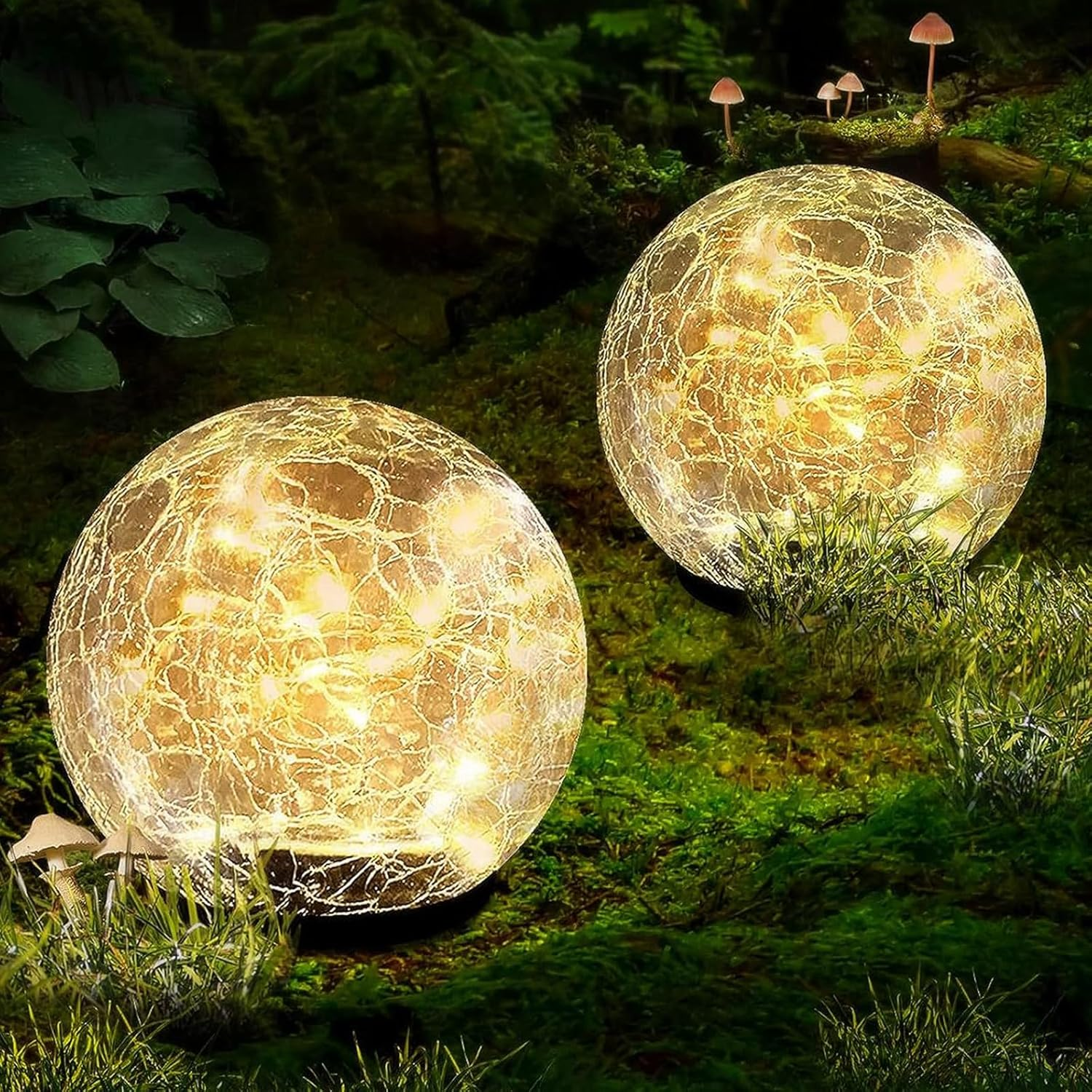 Garden Solar Ball Lights Outdoor Waterproof, 50 LED Cracked Glass Globe Power Ground for Path Yard Patio Lawn, Outdoor Decoration Landscape White (2 Pack 4.7'')