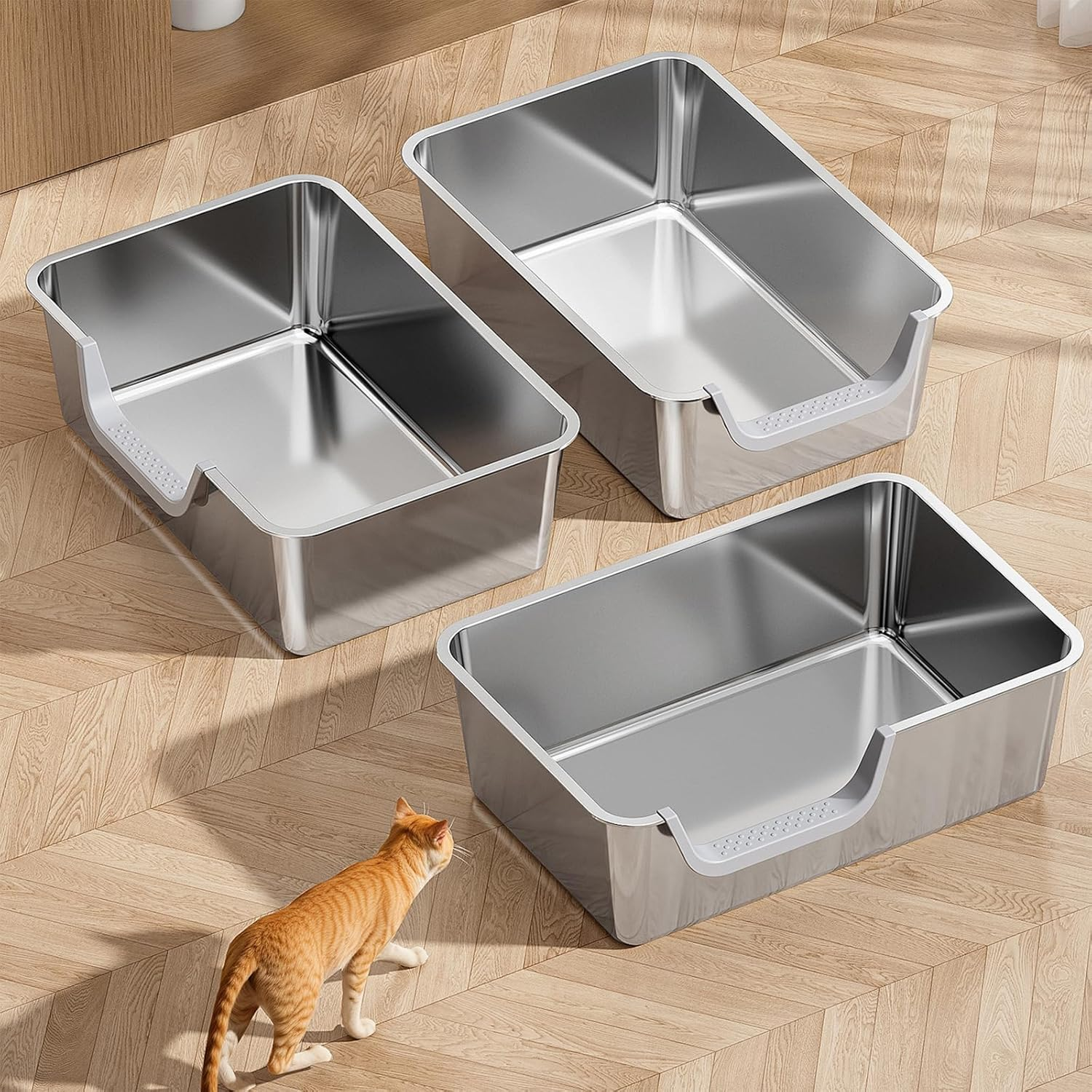 Towntime Stainless Steel Litter Box with High Sides,23.60" L X 15.7" W X 7.8" H,Extra Large Jumbo Cat Litter Box,Xl Kitty Metal Liter Box for Indoor Big Cats,Non-Sticky,Anti-Leakage(Left Entry) image number 6