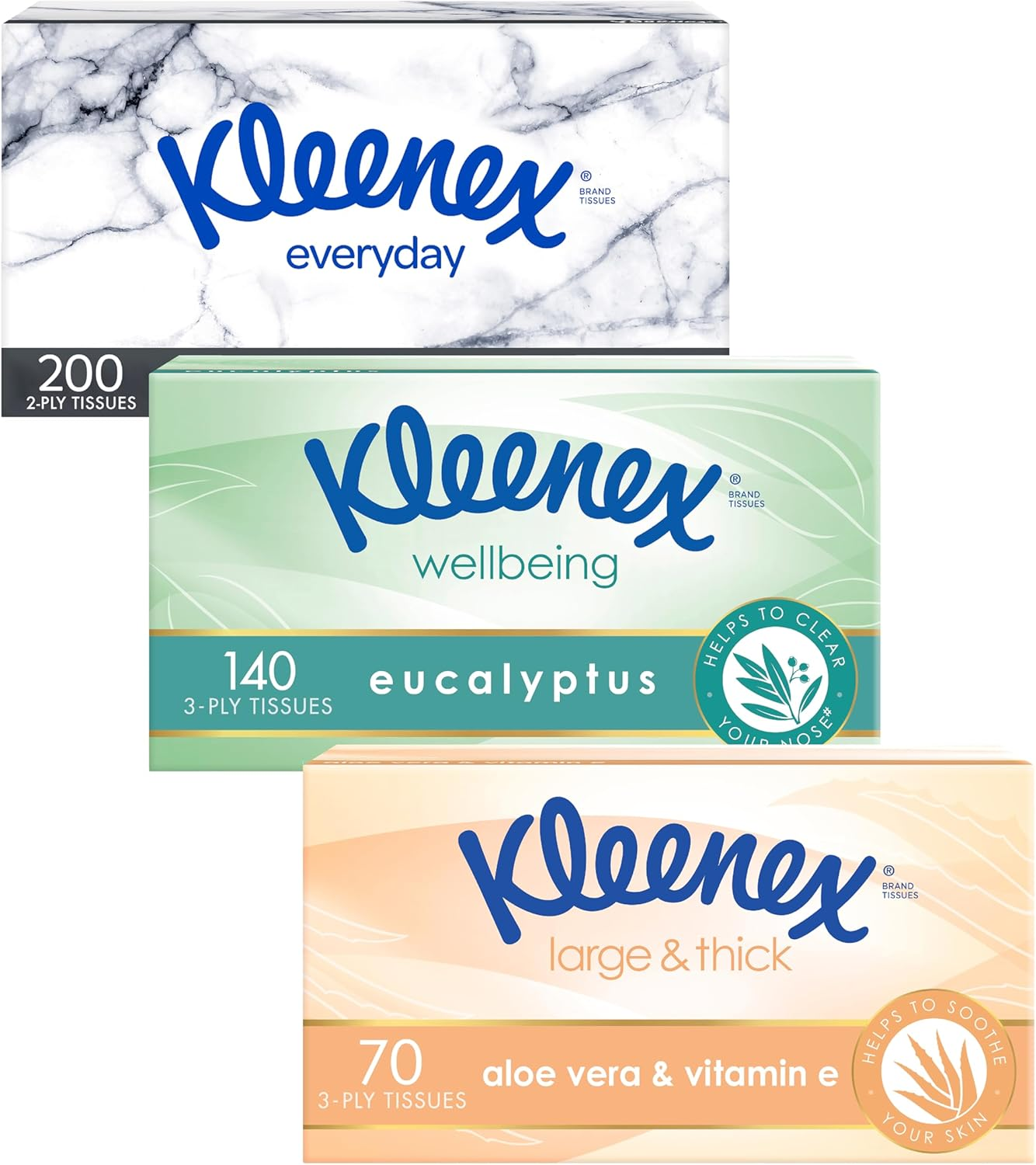 Kleenex Home Essentials 3 Tissues Boxes Bundle - Aloe Vera, Everyday & Eucalyptus Tissues