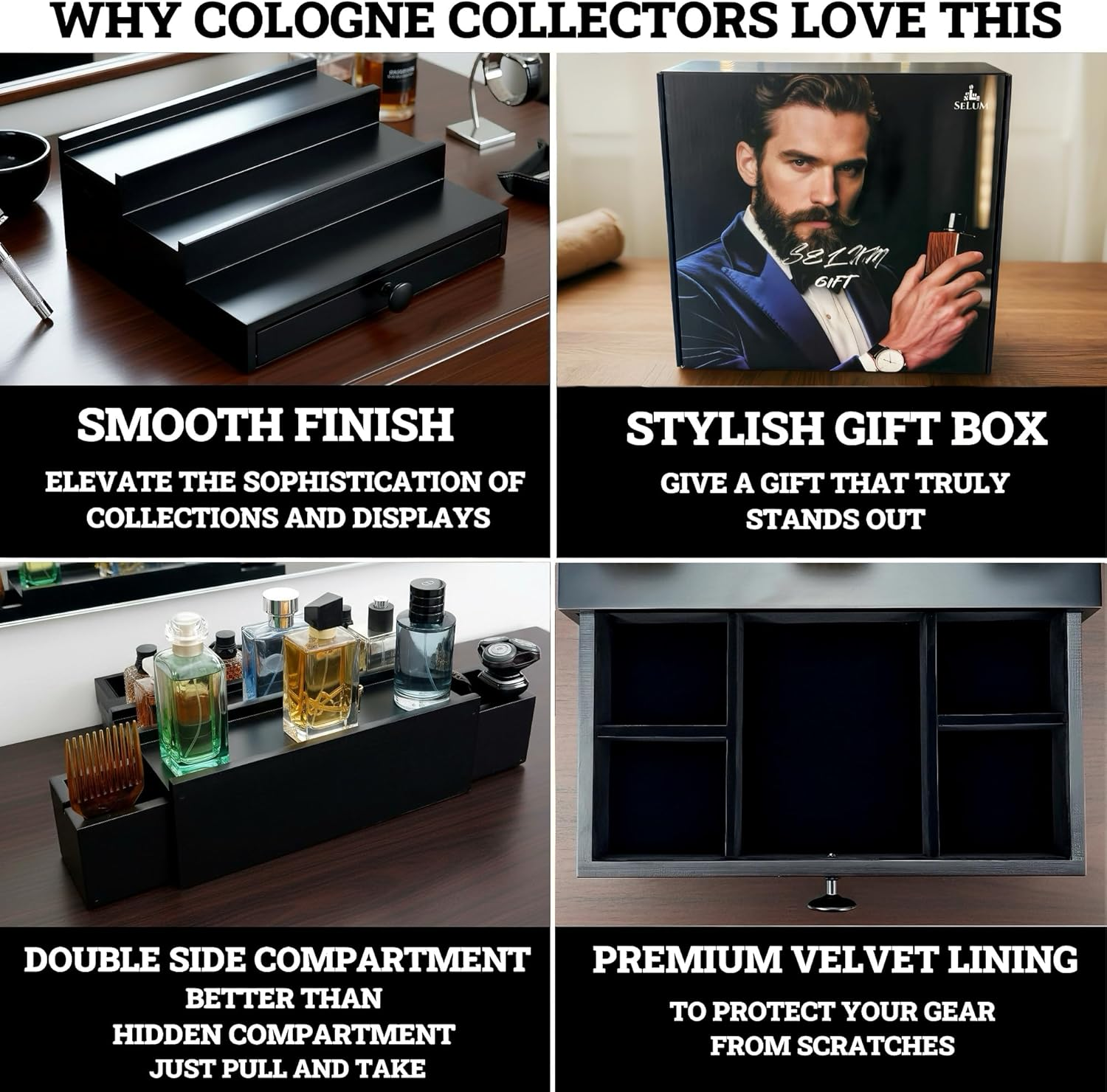 Classic Wooden Cologne Organizer for Men 3 Tier Black | High Grade Velvet Lining and Stylish Gift Box | Uncluttered Design Perfume Display Stand Gift Idea | SELUM