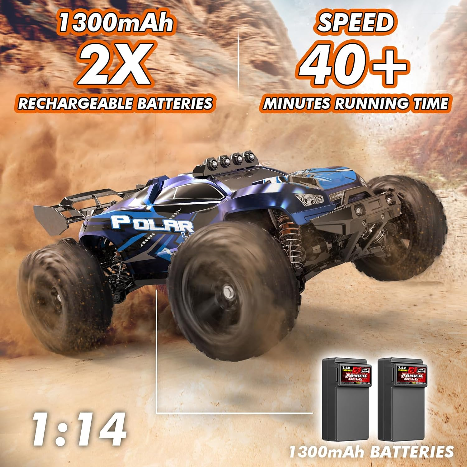Rc Cars 1:14 All Terrain RC Car for Adults & Boys, 4WD Off-Road RC Truck High Speed Fast 40+ KPH, 4X4 Waterproof Remote Control Car with 2 Rechargeable 1300 Mah Batteries image number 2