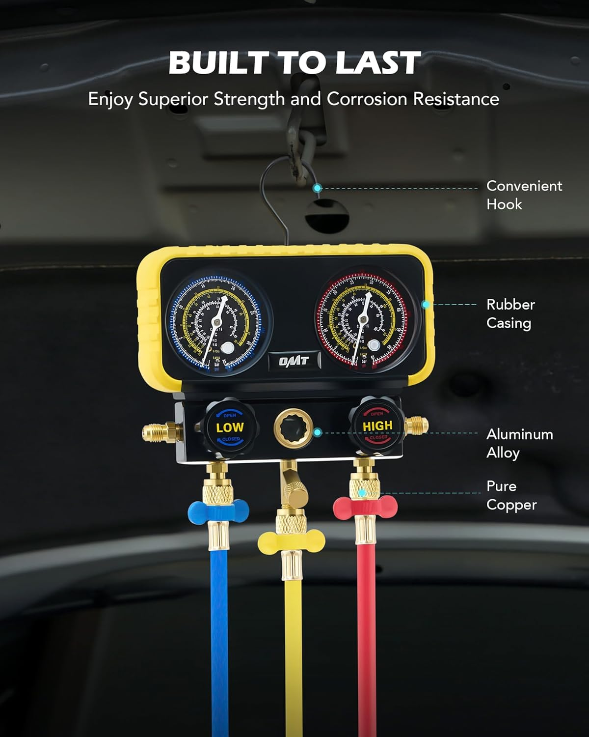 R410A Manifold Gauge Set with 3 Hoses, Safety Valves, Adapters, Universal Can Tap - AC Recharge Kit image number 2