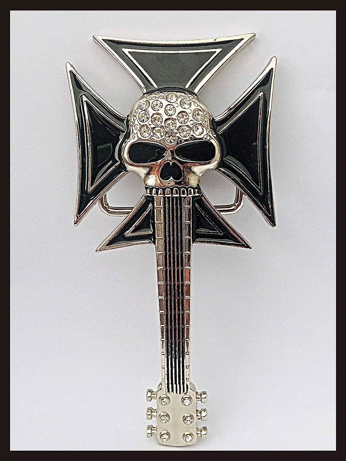 Belt Buckle Skull Guitar with Iron Cross and Diamante Inlay, Biker, Silver Black Vintage Cowboy Fits 40Mm / 1 1/2 Inch Belts image number 2