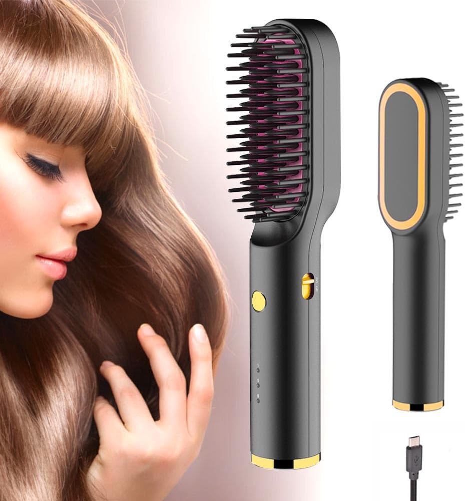 Portable Battery Hair Straightener Brush for Curly Hair-Rechargeable Mini Size Portable Hair Straightener Brush Anti-Scalding Heated Comb