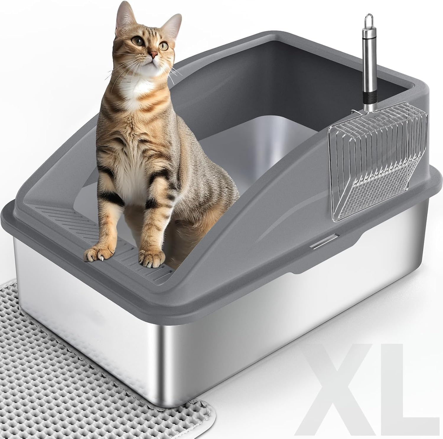 Stainless Steel Cat Litter Box with Lid, Extra Large Litter Box for Big Cats, XL Metal Litter Pan Tray with High Wall Sides Enclosure, Non-Sticky, Anti-Leakage, Easy Cleaning, Grey image number 5