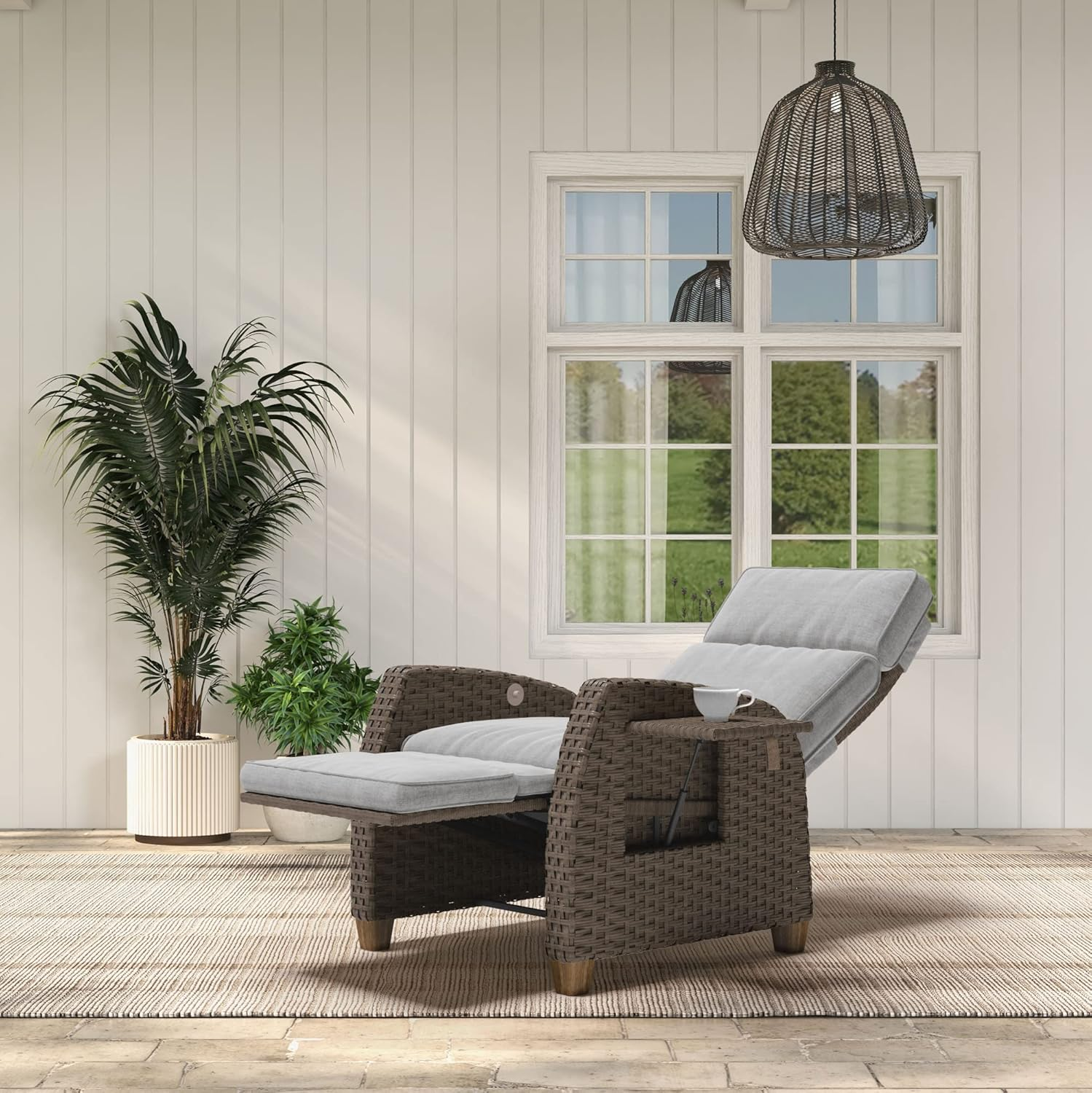 Grand Patio Indoor & Outdoor Recliner Chair PE Wicker Patio Recliner with Flip Table Reclining Lounge Chair, Mist Grey image number 1