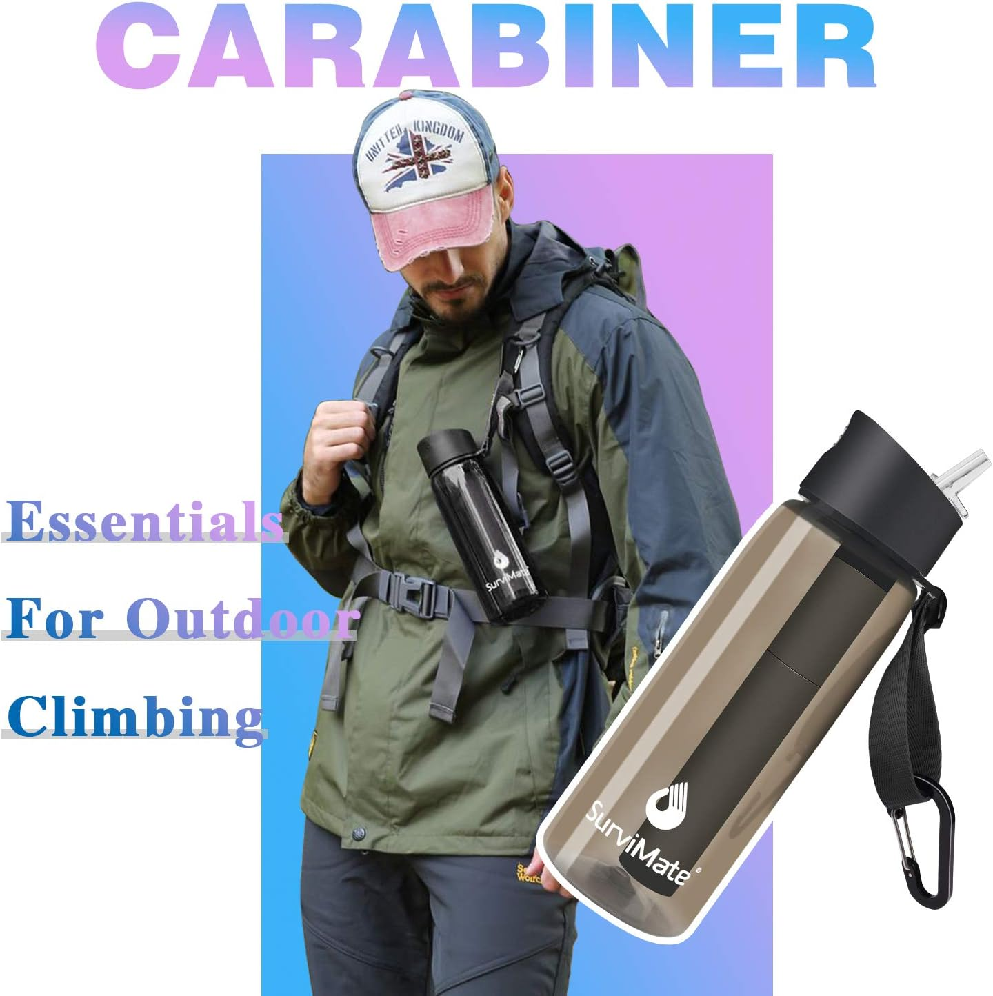 Survimate Filtered Water Bottle, BPA Free Tumblers with 4-Stage Intergrated Filter Straw for Camping, Hiking, Backpacking and Travel - Black Blue image number 5