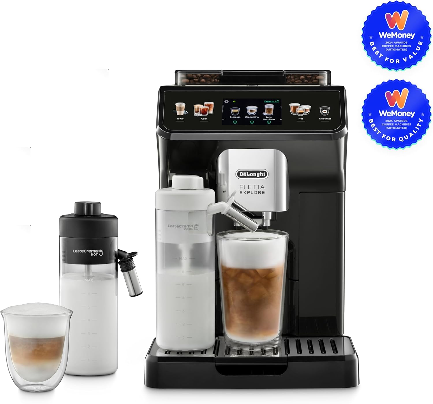 De'Longhi Eletta Explore Perfetto Automatic Coffee Machine with Cold and Hot Automatic Milk Frothing, Lattecrema System, Hot and Iced Coffee Recipes, 3.5'' TFT Display Menu, ECAM450.55.G, Black image number 6