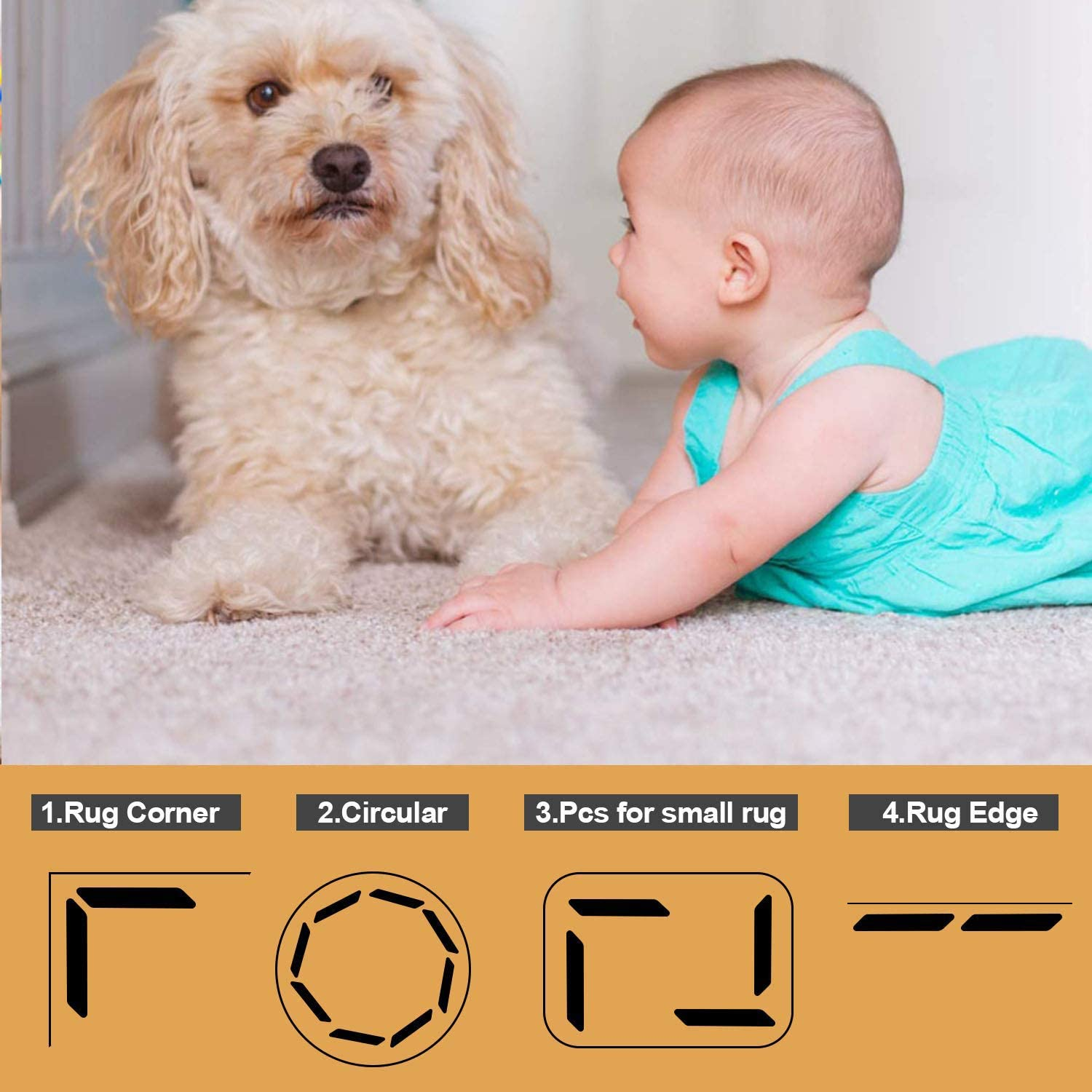 16 Pcs Rug Gripper, Reusable Dual Sided Rug Tape, Washable Non Slip Rug Underlay Grip Carpet Corner, Non Slip Adhesive Rug Stopper for Hardwood Floors and Tile