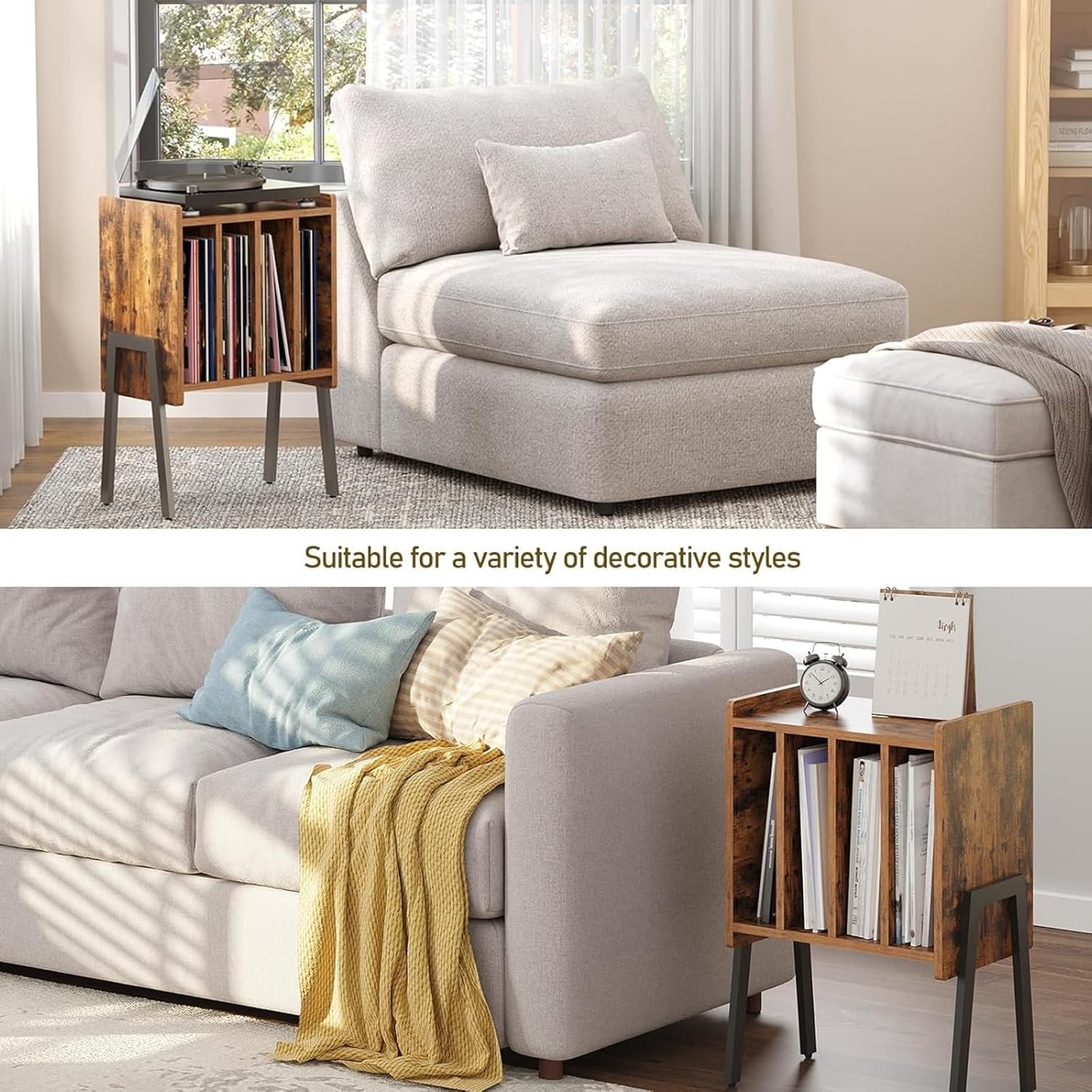 Record Player Stand,Vinyl Record Storage Organizer with 4 Compartment Media Cabinet,Turntable Stand,Nightstand for Living Room, Bedroom (Brown) image number 5