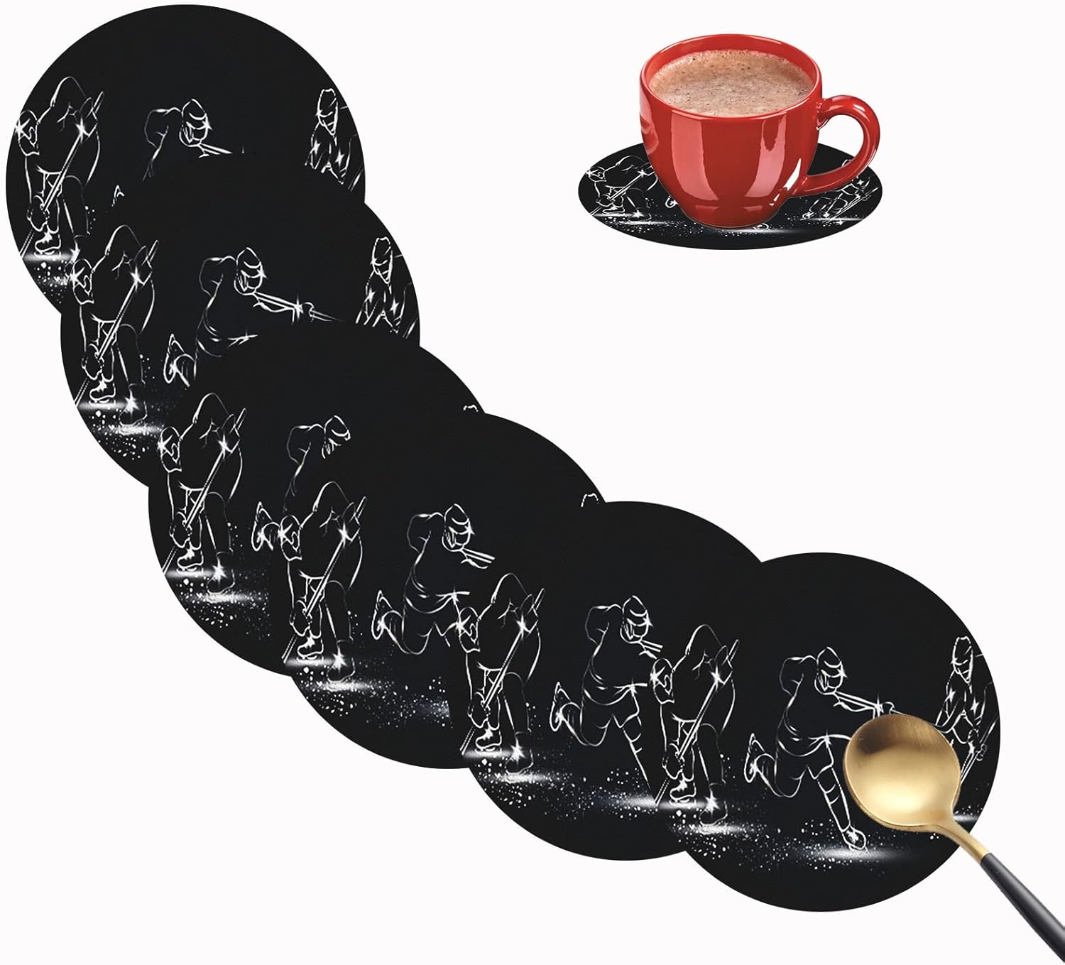 Coasters for Drinks Set of 6, Ice Hockey Players Drink Coasters for Coffee Table, Cute Farmhouse Leather Coaster for Cup Kitchen Bar Home Decor Housewarming Gift image number 2