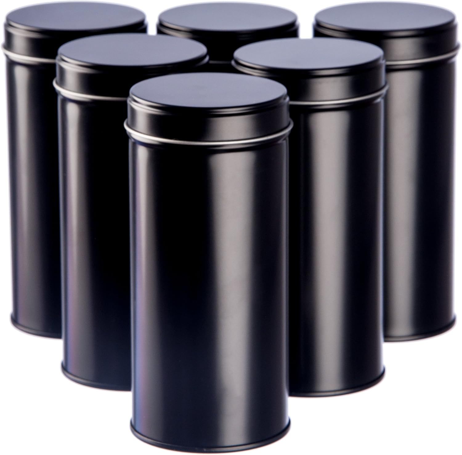 12 Narrow Tea Canisters Black for Loose Tea with Extra Aroma Lid Including Labels | Stackable | Height: Approx. 14 Cm, Diameter Approx. 6.6 Cm (For Approx. 100G Tea) | Material: Tin Plate | Bpa-Free and Food-Safe