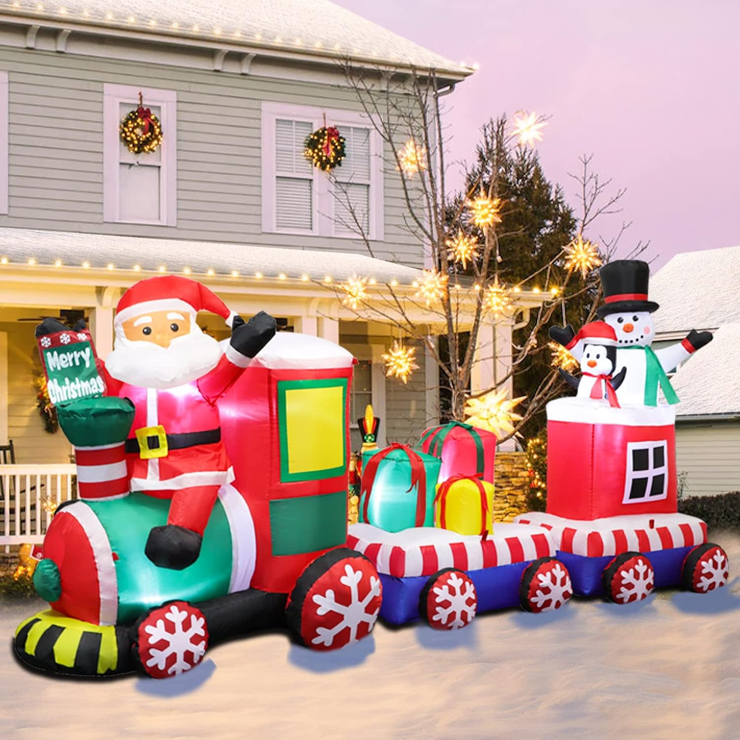 8 FT Christmas Inflatable Train with Santa Claus, Snowman, Penguin, Gift Boxes, Blow up Yard Decorations with Built-In Lights, Lovely Xmas Train Carriage for Holiday Display Lawn Garden Party Decor image number 3