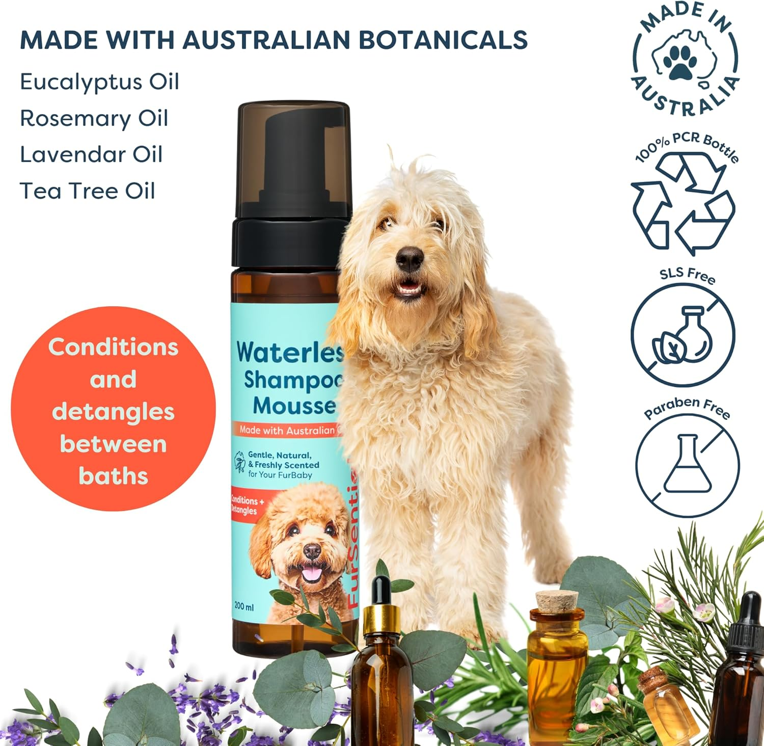Waterless Shampoo Mousse for Dogs | Waterless Foam Shampoo for Dogs | No Rinse Waterless Shampoo Foam Made with Australian Oils, 200 Ml | by Fursentials