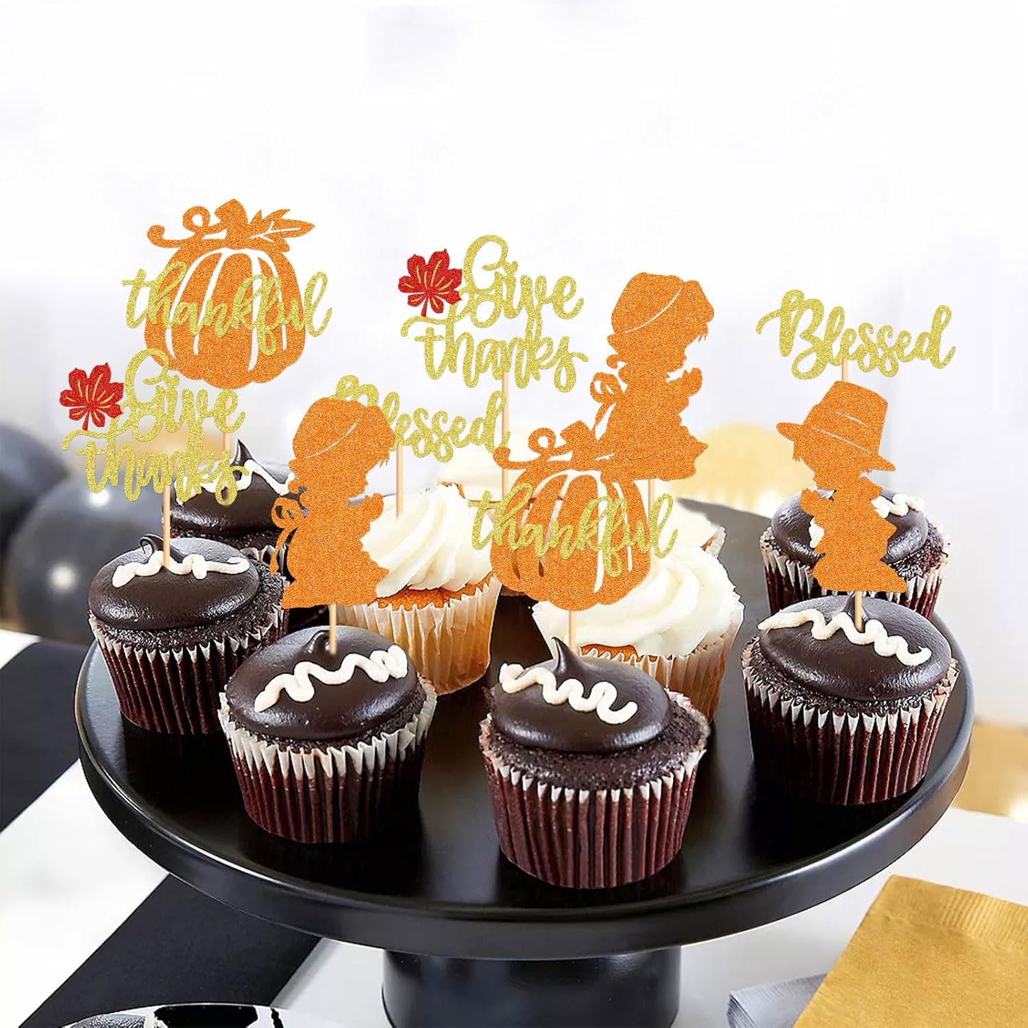 25 Pack Happy Thanksgiving Cupcake Toppers Give Thanks Cupcake Picks for Thanksgiving Theme Cake Decorations Birthday Party Thankful Dinner Supplies - Fall 3 image number 5