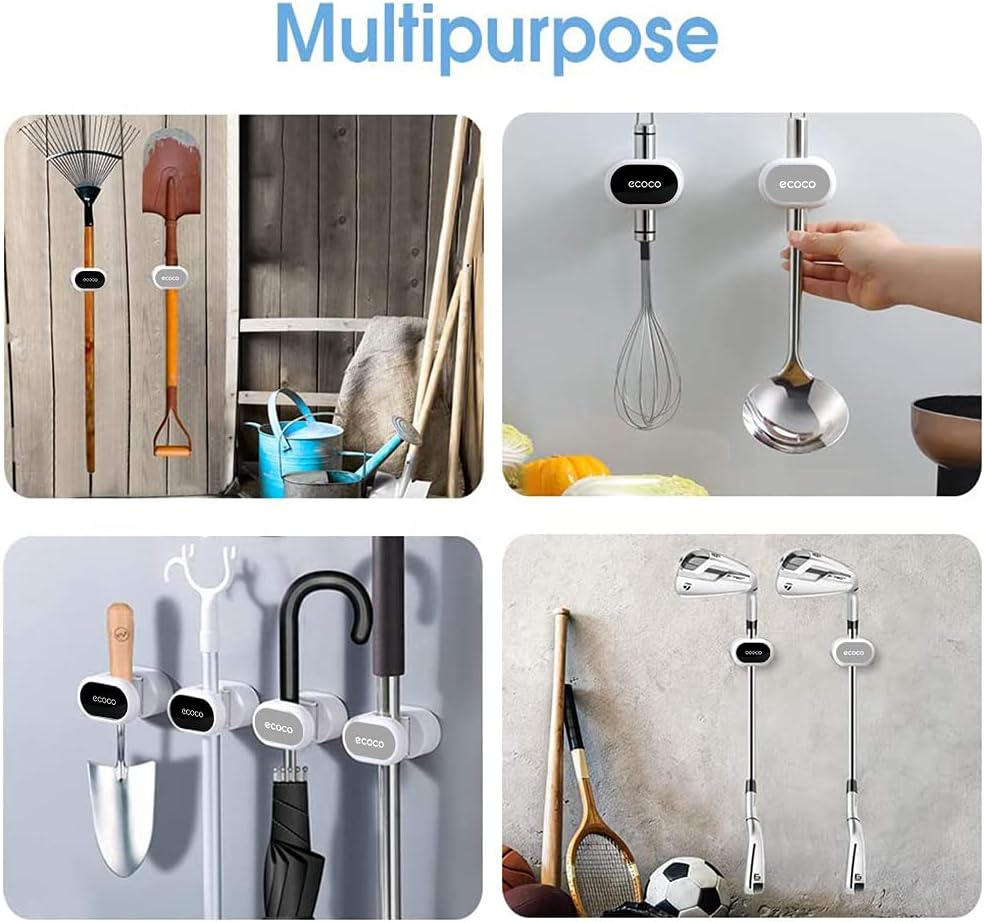 Mop Broom Tool Multipurpose Holder for Home Storage Organisation in Your Kitchen,Laundry,Garage,Garden,Caravan,Motorhome. Stylish Design.Easy Wall Mount SUPER ADHESIVE Strip. No Drilling.(White/Grey)