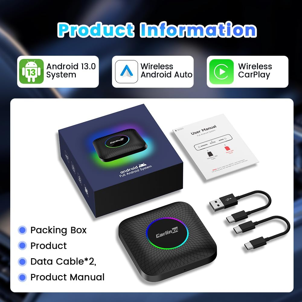 Carlinkit Android 13.0 Tbox LED, Carplay AI Box, Wireless Carplay/Android Auto Adapter, QCM6225 Chip/8 Cores/8+128Gb, Supports Youtube/Netflix/Tiktok, Only Suitable for Factory Wired Carplay Cars image number 2