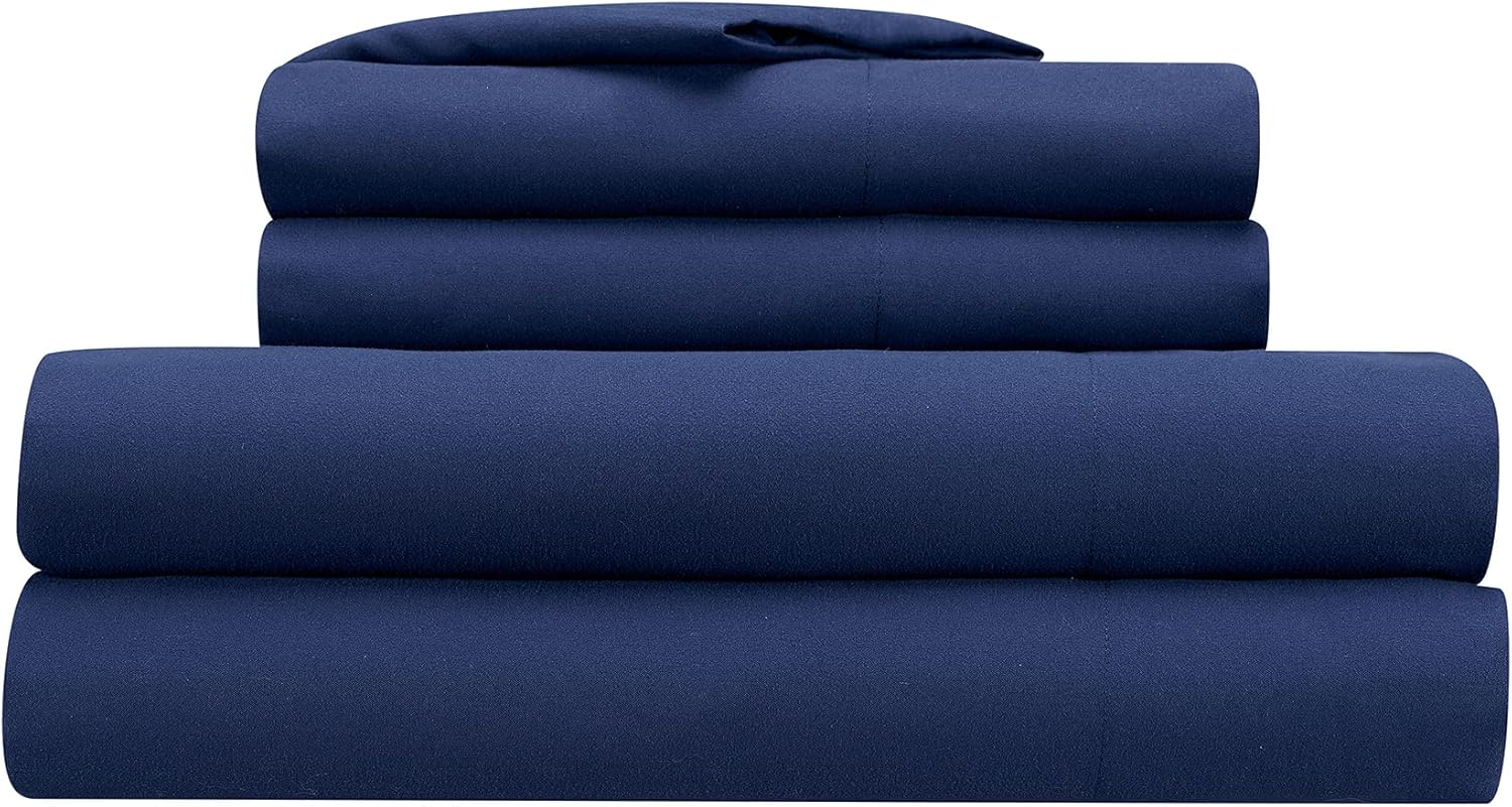 Serta Simply Clean Super Soft Hypoallergenic Stain Resistant Deep Pocket 4 Pieces Solid Bed Sheet Set, Queen, Navy
