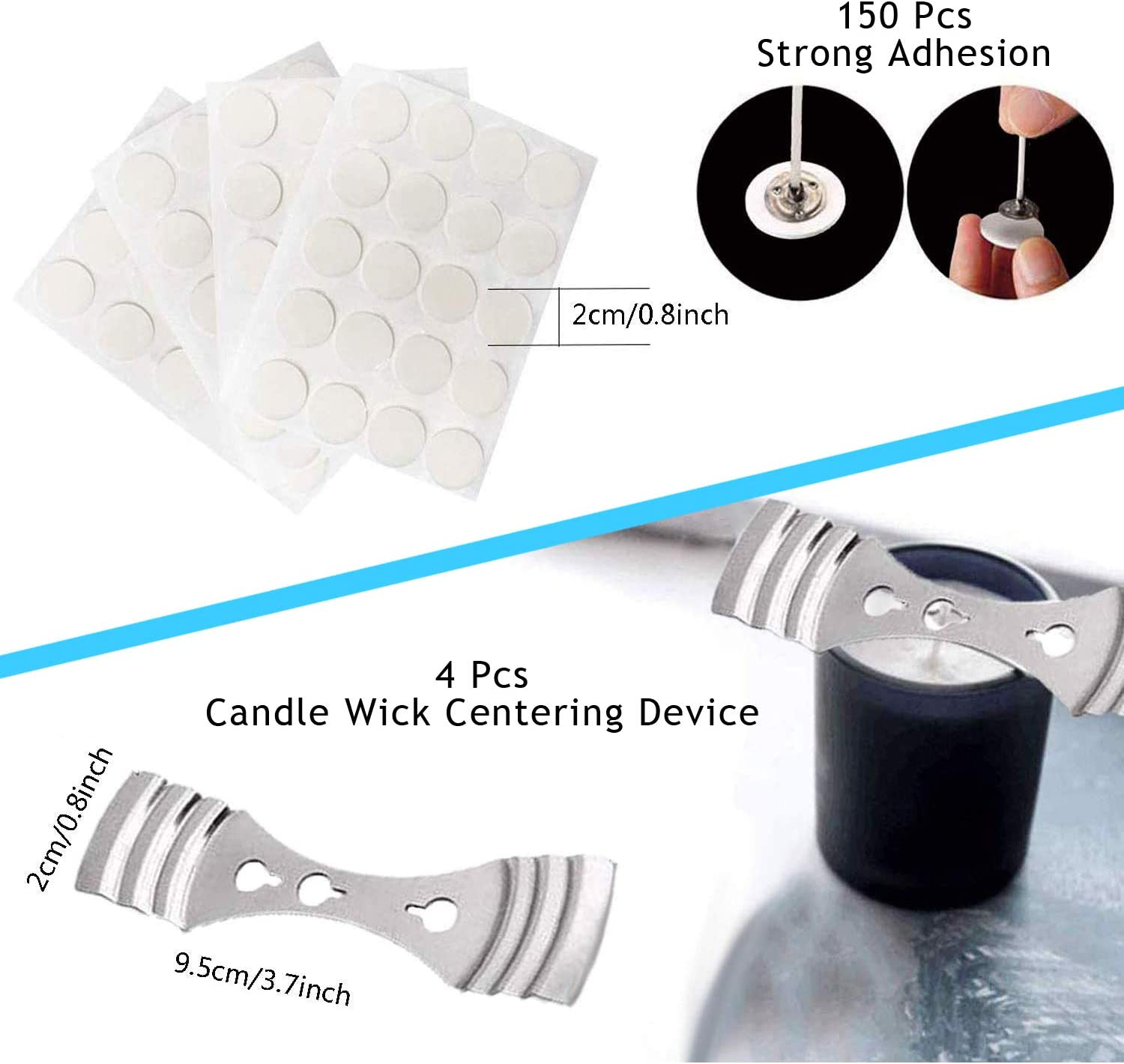 Candle Making Kit - 150Pcs Low Smoke Natural Candle Wicks (10Cm/4In,15Cm/6In and 20Cm/8In) with 150Pcs Double-Sided Dots Wick Stickers and 4Pcs Wick Holder Sustainer for DIY Candles image number 5