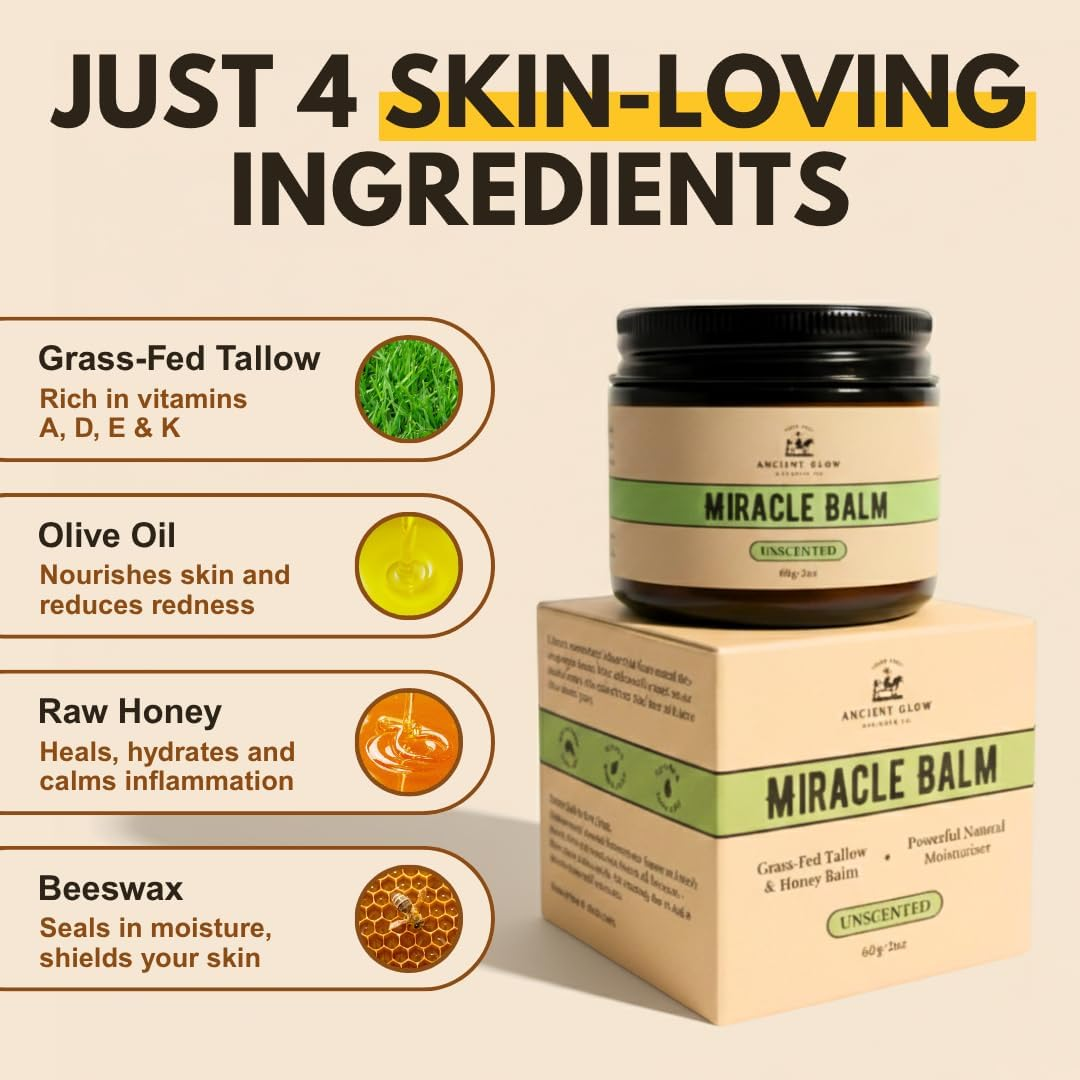 Ancient Glow Miracle Balm &ndash; Grass-Fed Tallow Balm with Honey Facial Moisturiser | 100% Natural Skincare | Deep Hydration for Dry, Sensitive, and Irritated Skin (Unscented 60G) image number 5