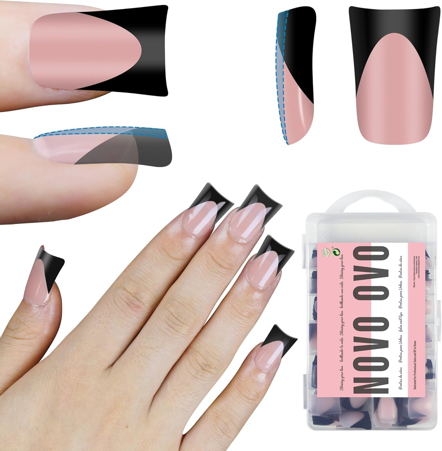 NOVO OVO Short Duck Nail Tips French Tip Press on ROSE PINK with Glitter, Pre-Designed Soft Gel Nail Extension, Pre-Applied Tip Base Coat, Full Cover Acrylic False Nails for DIY X 12 Sizes 240 Pcs