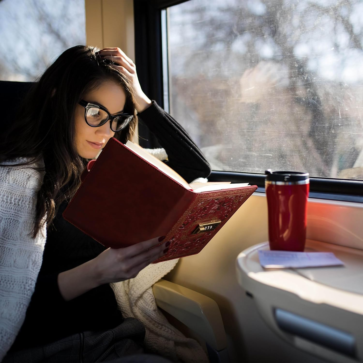 Vintage Leather Journal Notebook with Combination Lock, B6 Embossed Flower Secret Diary Ruled Lined Paper for Writing Women Girls Children (Wine) - Black image number 2