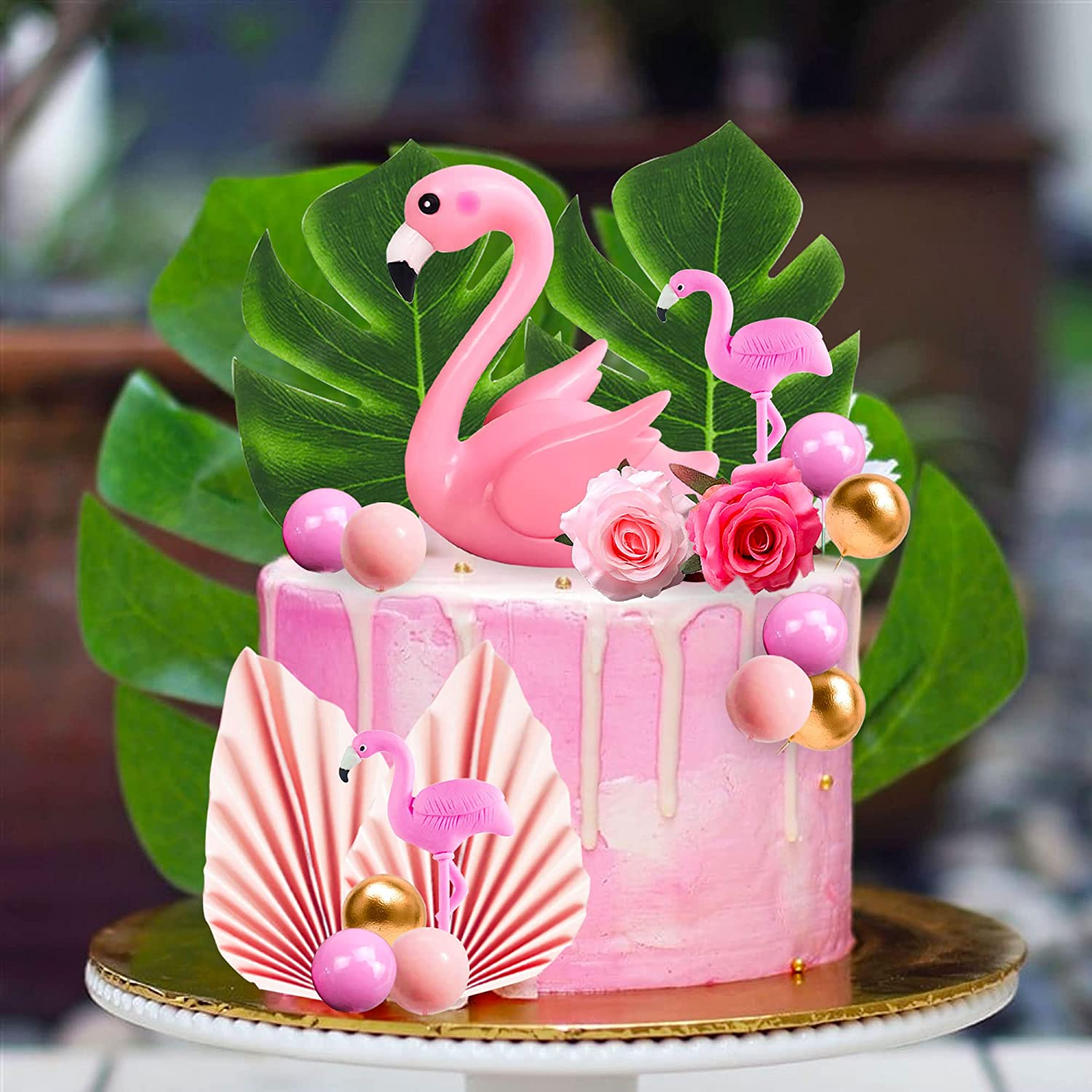 Jevenis Flamingo Cake Decoration Palm Leaves Cake Topper Gold Pink Balls Cake Decoration Rose Cake Topper Flamingo Tropical Party Supplies image number 2