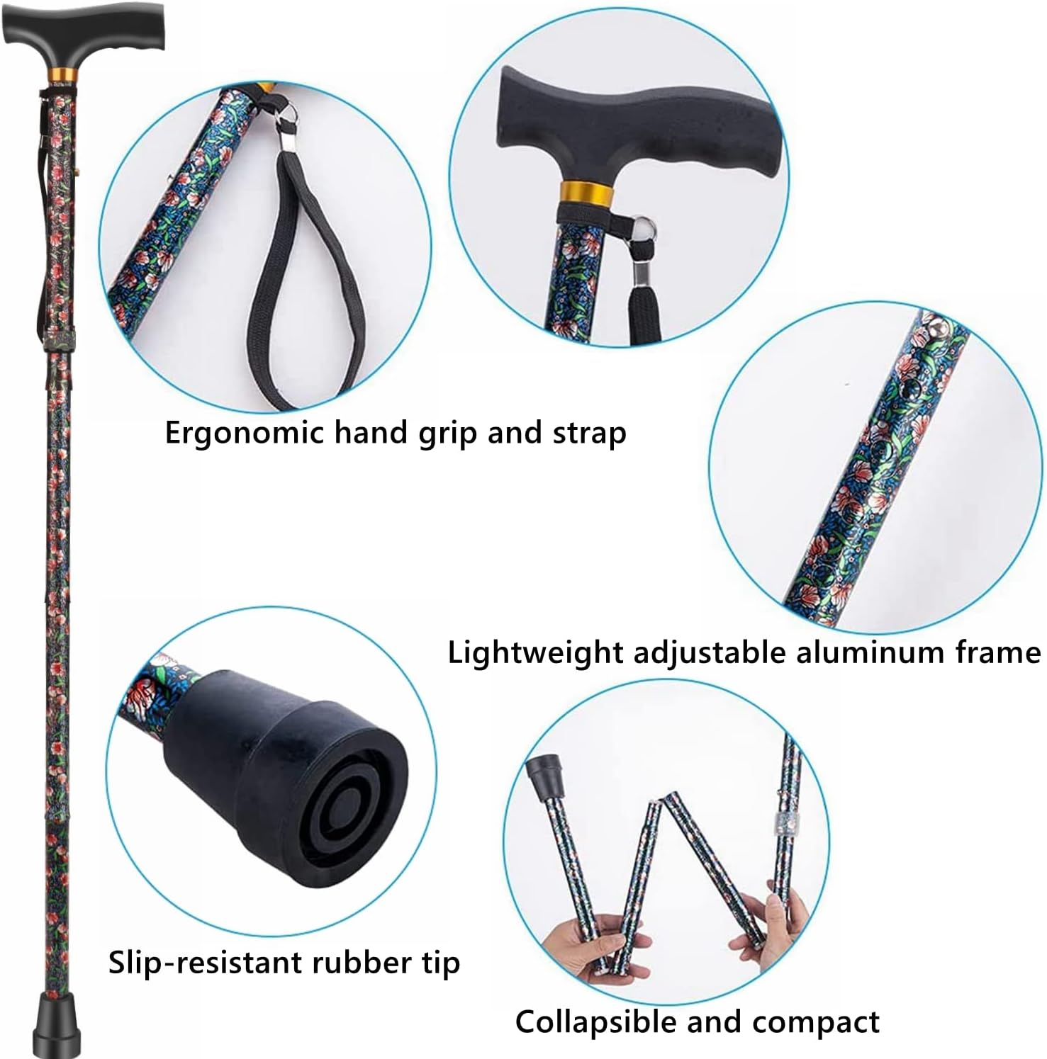 Foldable Walking Stick, Lightweight & Portable Cane with 5 Levels of Height Adjustment, Walking Stick with Comfortable Smooth Wooden Handle Grip and Sturdy Aluminum Tube Cane