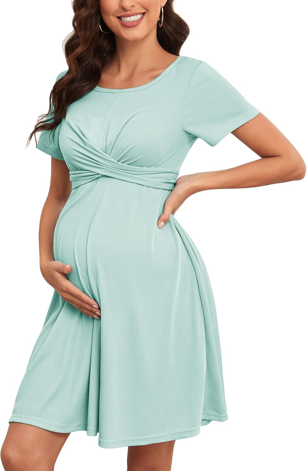 2024 Summer Maternity Dress Criss Cross Self Tie Short Sleeves A-Line Mini Baby Shower Casual Pregnancy