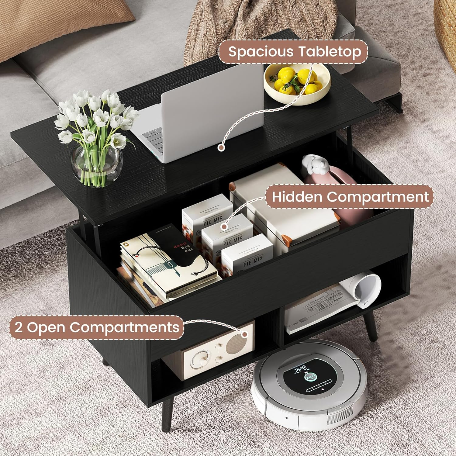 Giantex Lift Top Coffee Table, Wooden Lift Top Dining Table W/Hidden Storage Compartment & 2 Storage Shelves, Raisable Top Coffee Table for Living Room, Study, Office, Meeting Room (Black) - Coffee image number 7