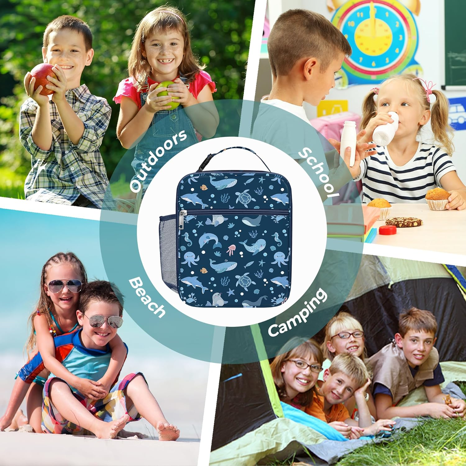 Clastyle Blue Sea Animals Insulated Lunch Bag for Kids, Portable Large Thermal Cooler Lunch Bag for Boys, School Lunch Box Bag with Bottle Holder image number 4