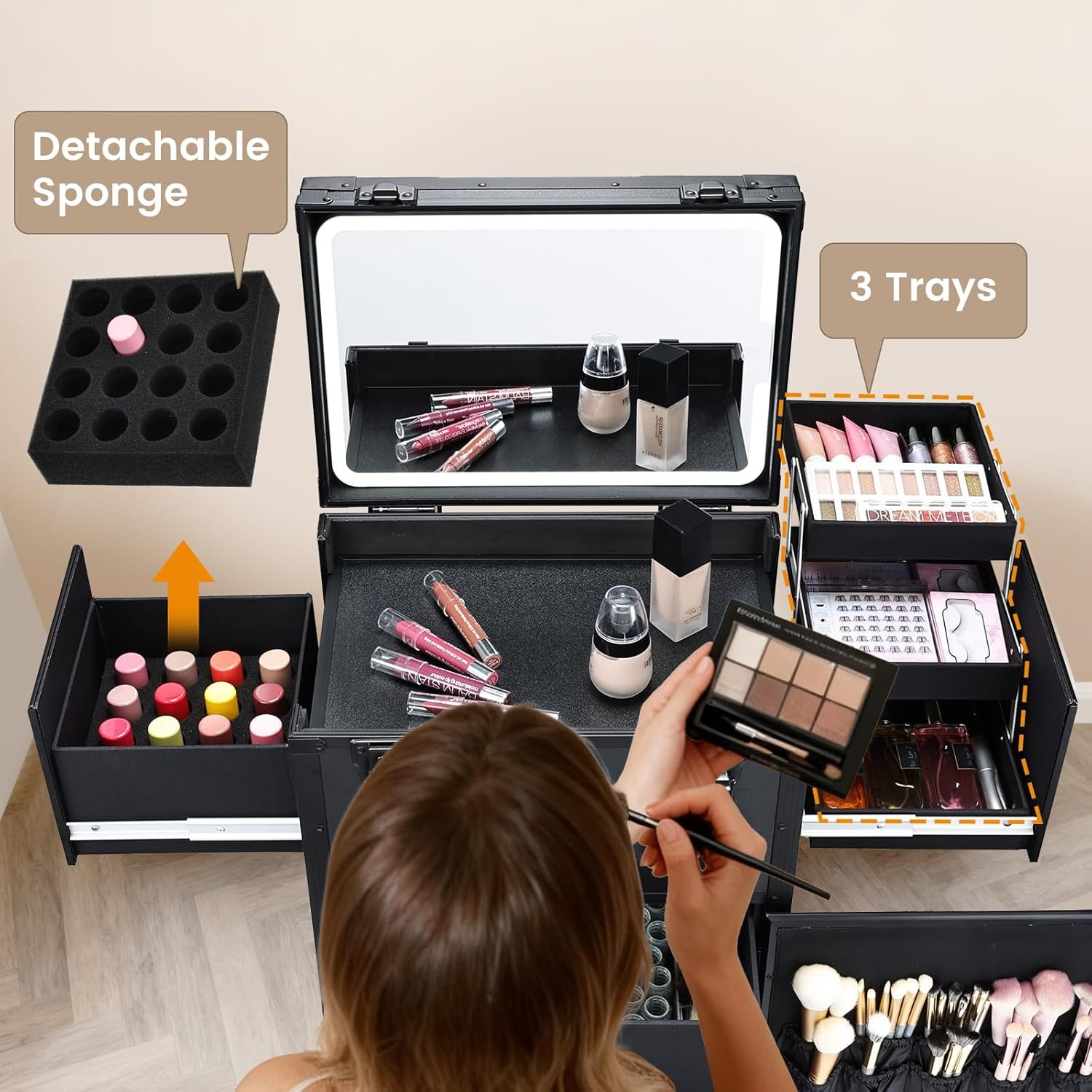 Rolling Makeup Case with LED Mirror, Cosmetology Case on Wheels with Lighted Mirror, Professional Salon Trolley Cart with 3 Drawers,Travel Makeup Lockable Beauty Organizer with Live Stream Light image number 5