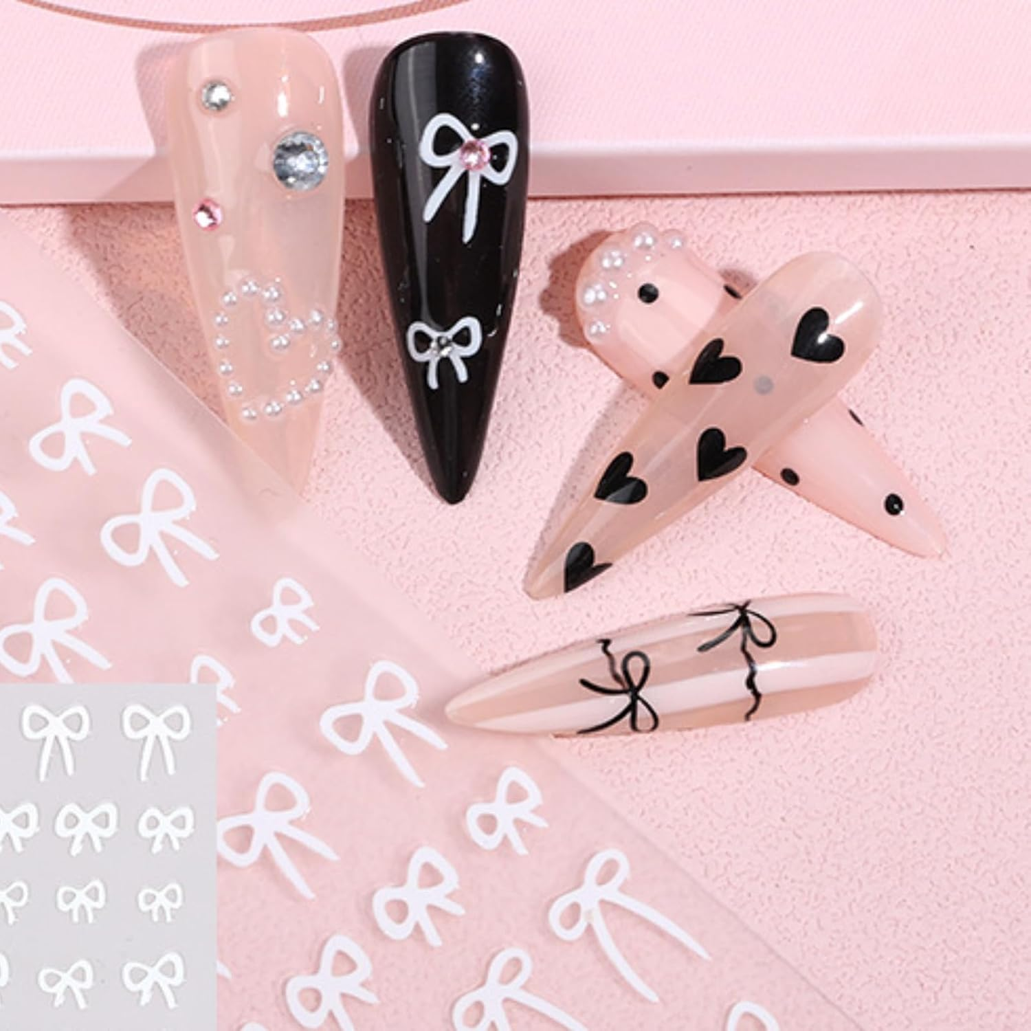 6 Sheets Bow Shaped Design Nail Art Stickers 3D Self-Adhesive Designer Nail Decals Colorful Cute Kawaii Bow Style Nail Decoration DIY Manicure Tips for Women Girls (3 Mixed Colors)