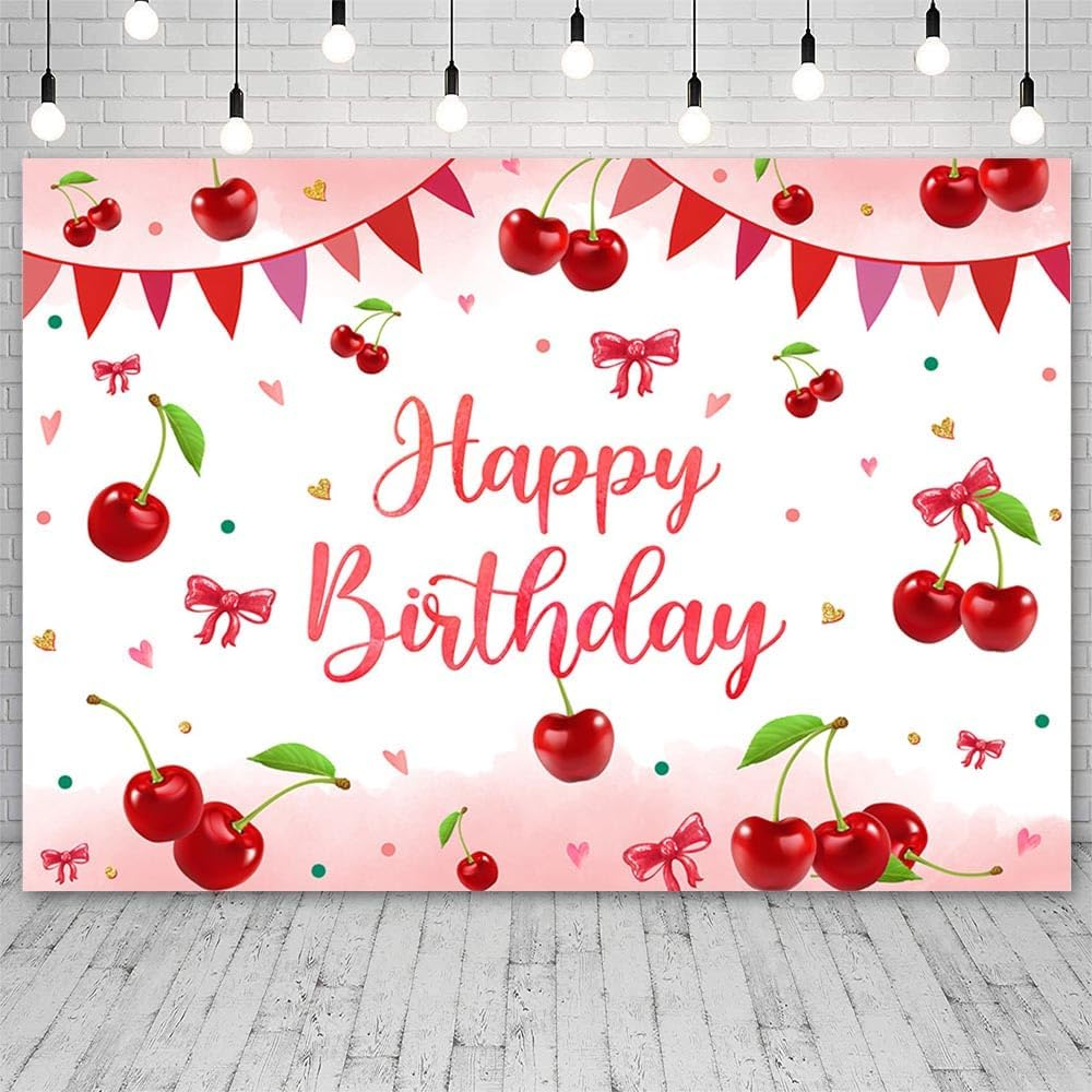 AIBIIN 7X5Ft Cherry Birthday Backdrop Red Bowknot Cherries Girl Birthday Decoration Background Sweet Cherries Banner for Girls Birthday Cake Smash Party Supplies Photo Booth Props