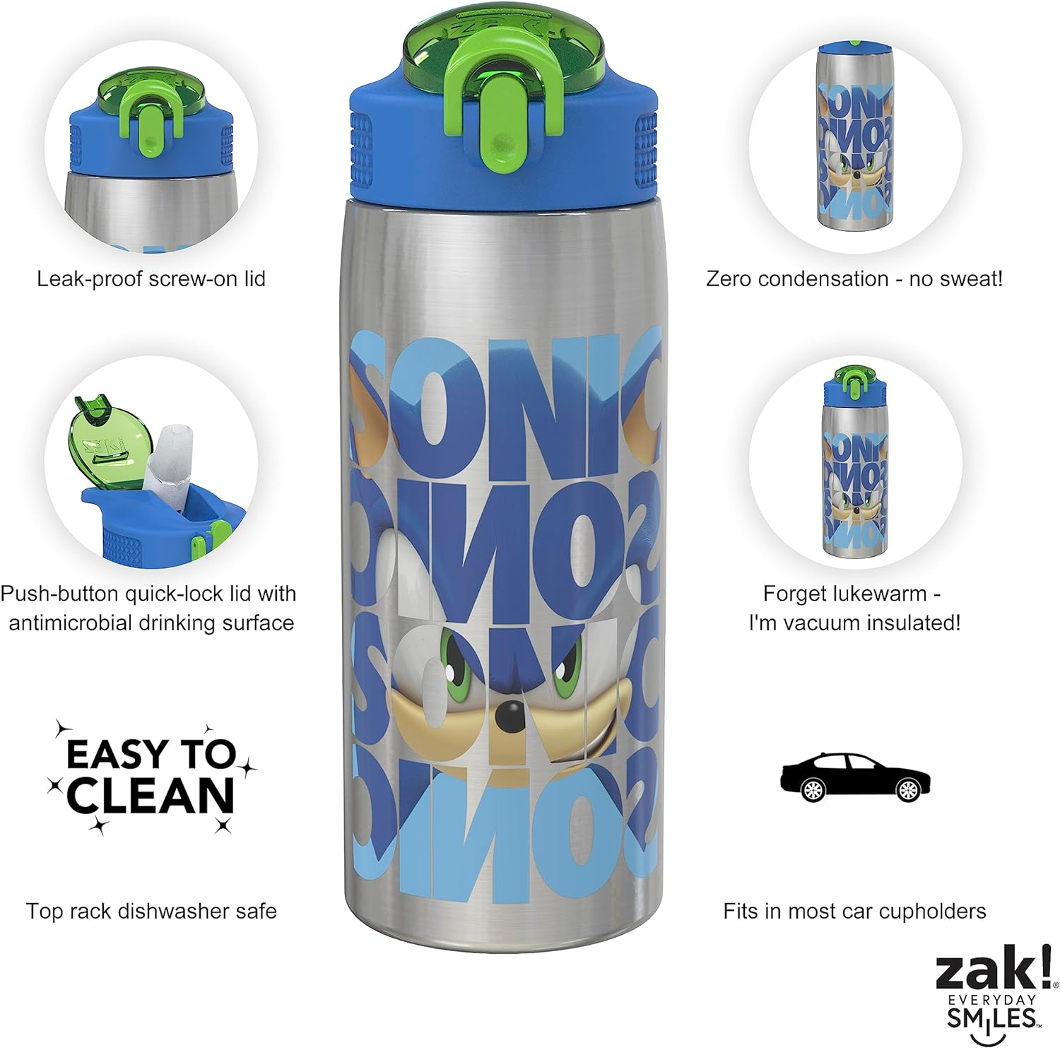 Zak Designs Sonic the Hedgehog Water Bottle for Travel and at Home, 19 Oz Vacuum Insulated Stainless Steel with Locking Spout Cover, Built-In Carrying Loop, Leak-Proof Design (Sonic) image number 6