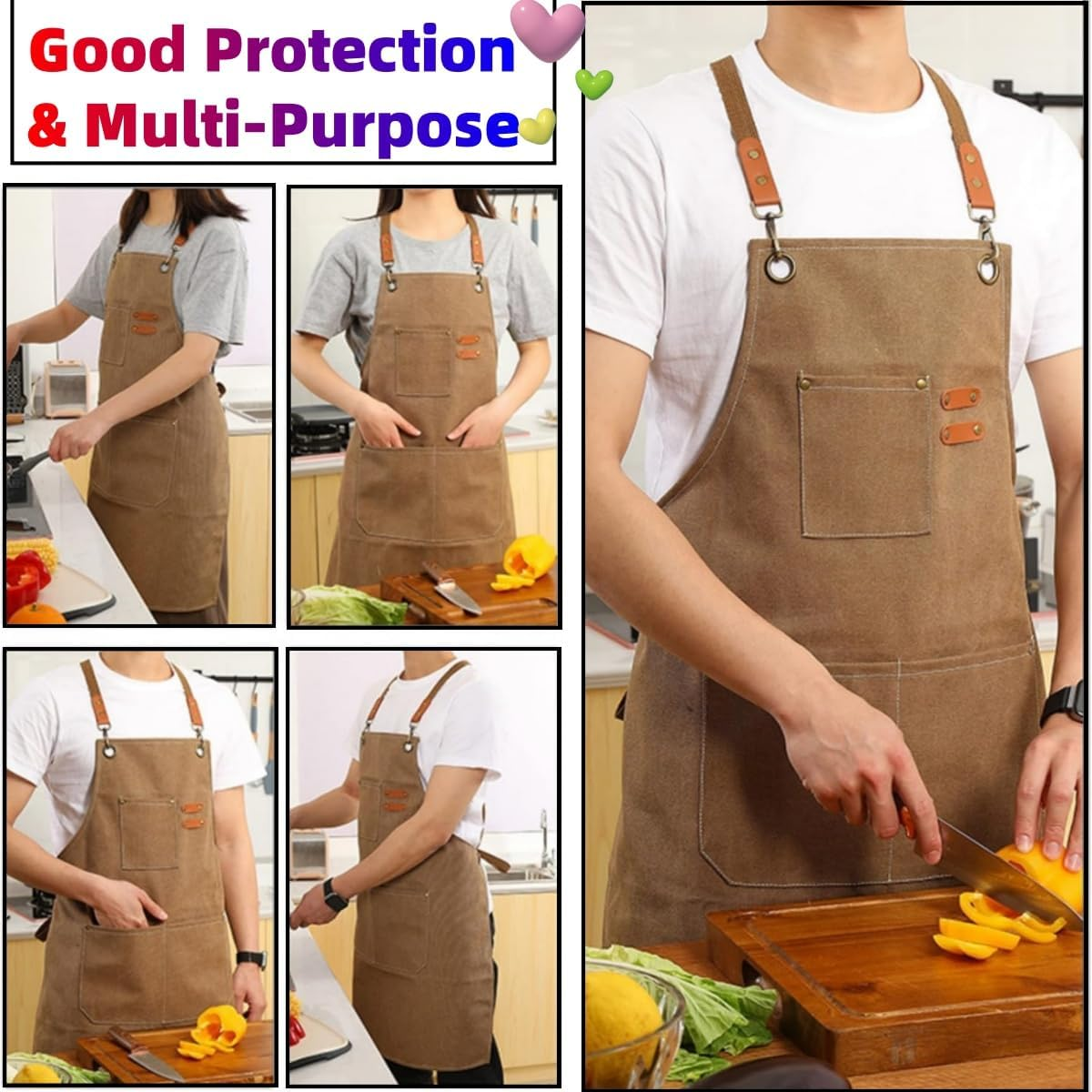 KLHCDUO Thickened Canvas Apron, Adjustable Chef'S Apron with 3 Pockets, for Men and Women, Carpentry, Paint Work Aprons, Apron Overalls, Coffee Shop Workers Dressing up Hair Salons image number 6