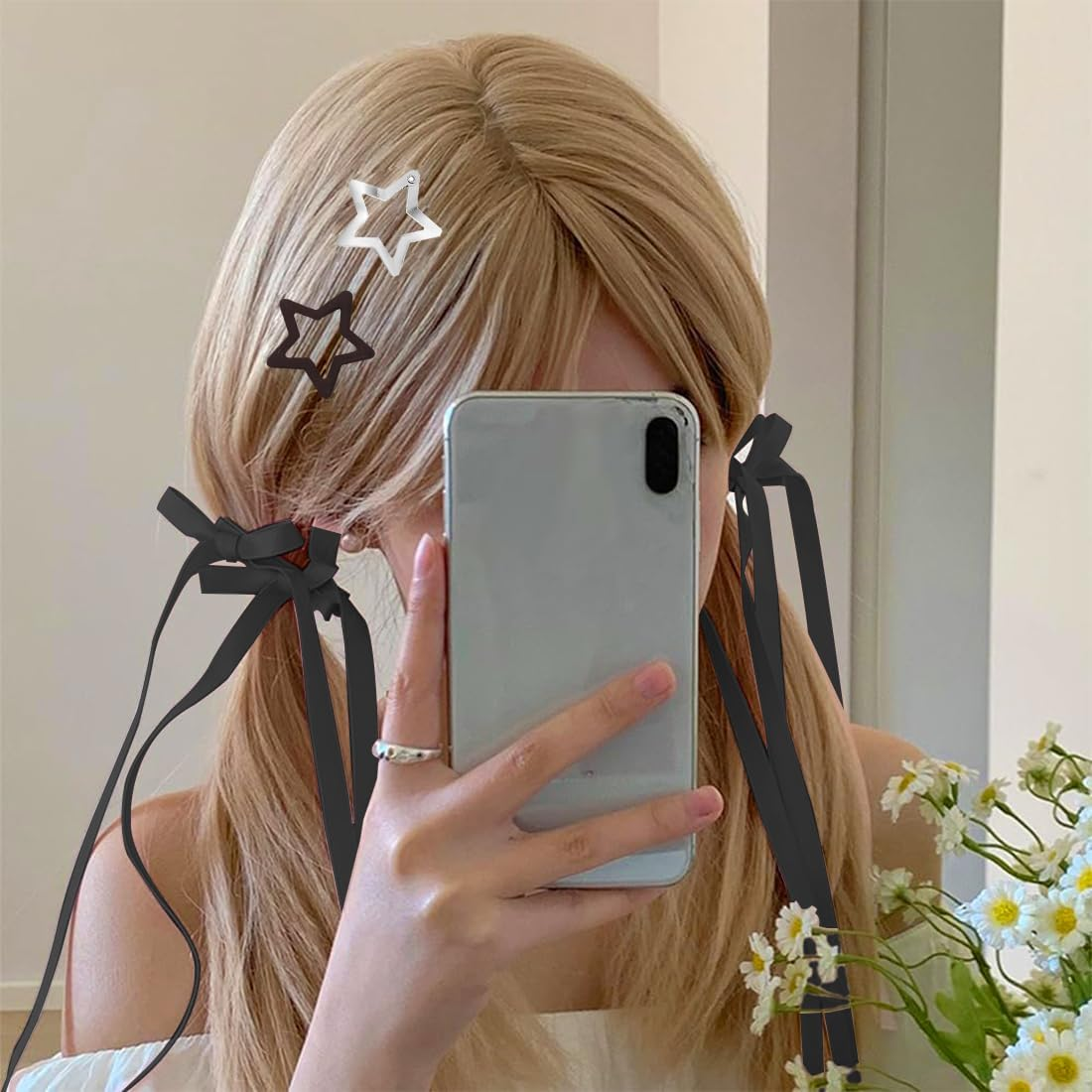GGUFAY Star Hair Clips and Ribbon Hairpin, Hollowed Star Hair Clips, Hair Bows Girls for Children, Girls, DIY Hairstyles, Halloween, Christmas, Concerts and Daily Life (Black)
