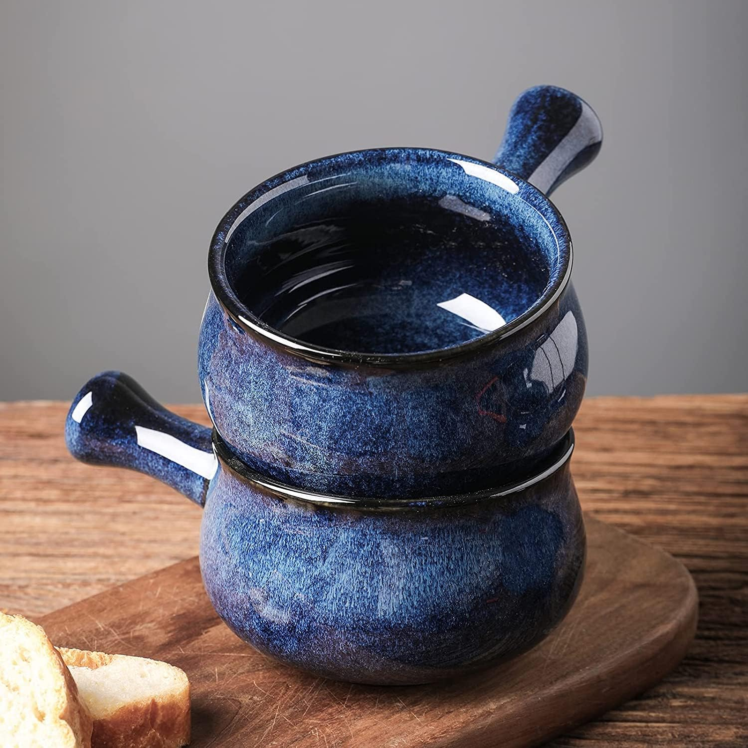 Vicrays French Onion Soup Bowls with Handles, 26 Ounce for Soup, Chili, Beef Stew, Chip Resistant, Dishwasher Microwave Safe, Set of 4 (Blue) - Blue image number 5